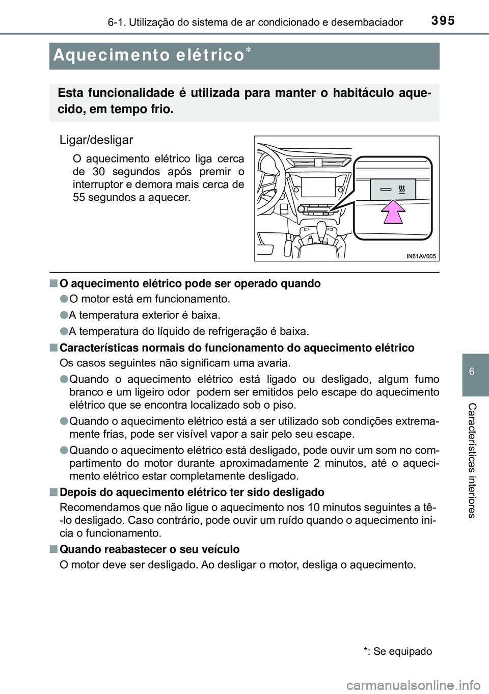 TOYOTA AVENSIS 2015 Manual de utilização (in Portuguese) 3956-1. Utilização do sistema de ar condicionado e desembaciador
6
Características interiores
Aquecimento elétrico
Ligar/desligar
O aquecimento elétrico liga cerca
de 30 segundos após premir TOYOTA AVENSIS 2015 Manual de utilização (in Portuguese) 3956-1. Utilização do sistema de ar condicionado e desembaciador
6
Características interiores
Aquecimento elétrico
Ligar/desligar
O aquecimento elétrico liga cerca
de 30 segundos após premir