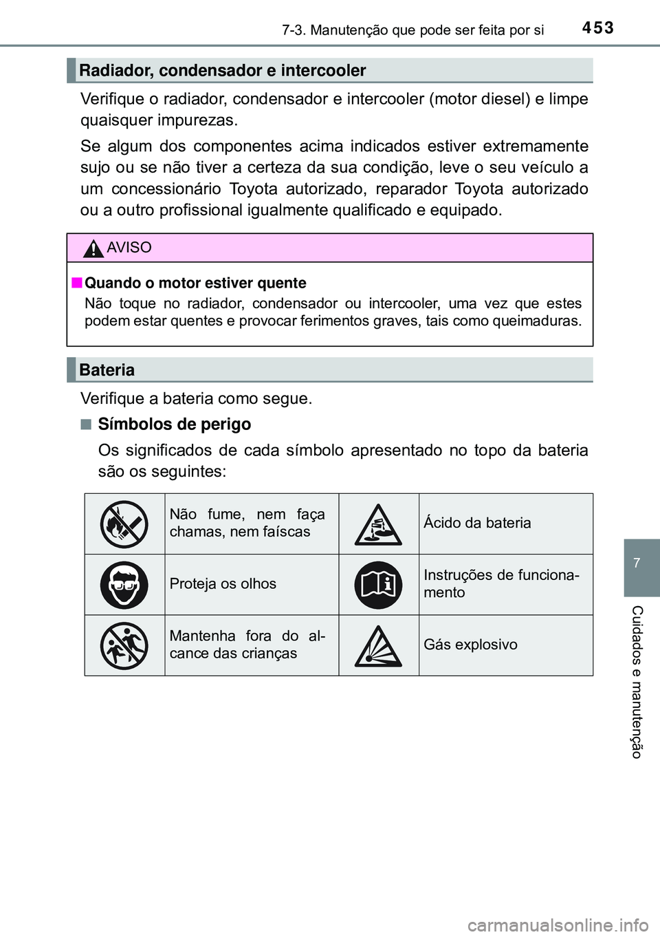 TOYOTA AVENSIS 2015 Manual de utilização (in Portuguese) 4537-3. Manutenção que pode ser feita por si
7
Cuidados e manutenção
Verifique o radiador, condensador e intercooler (motor diesel) e limpe
quaisquer impurezas.
Se algum dos componentes acima indi TOYOTA AVENSIS 2015 Manual de utilização (in Portuguese) 4537-3. Manutenção que pode ser feita por si
7
Cuidados e manutenção
Verifique o radiador, condensador e intercooler (motor diesel) e limpe
quaisquer impurezas.
Se algum dos componentes acima indi
