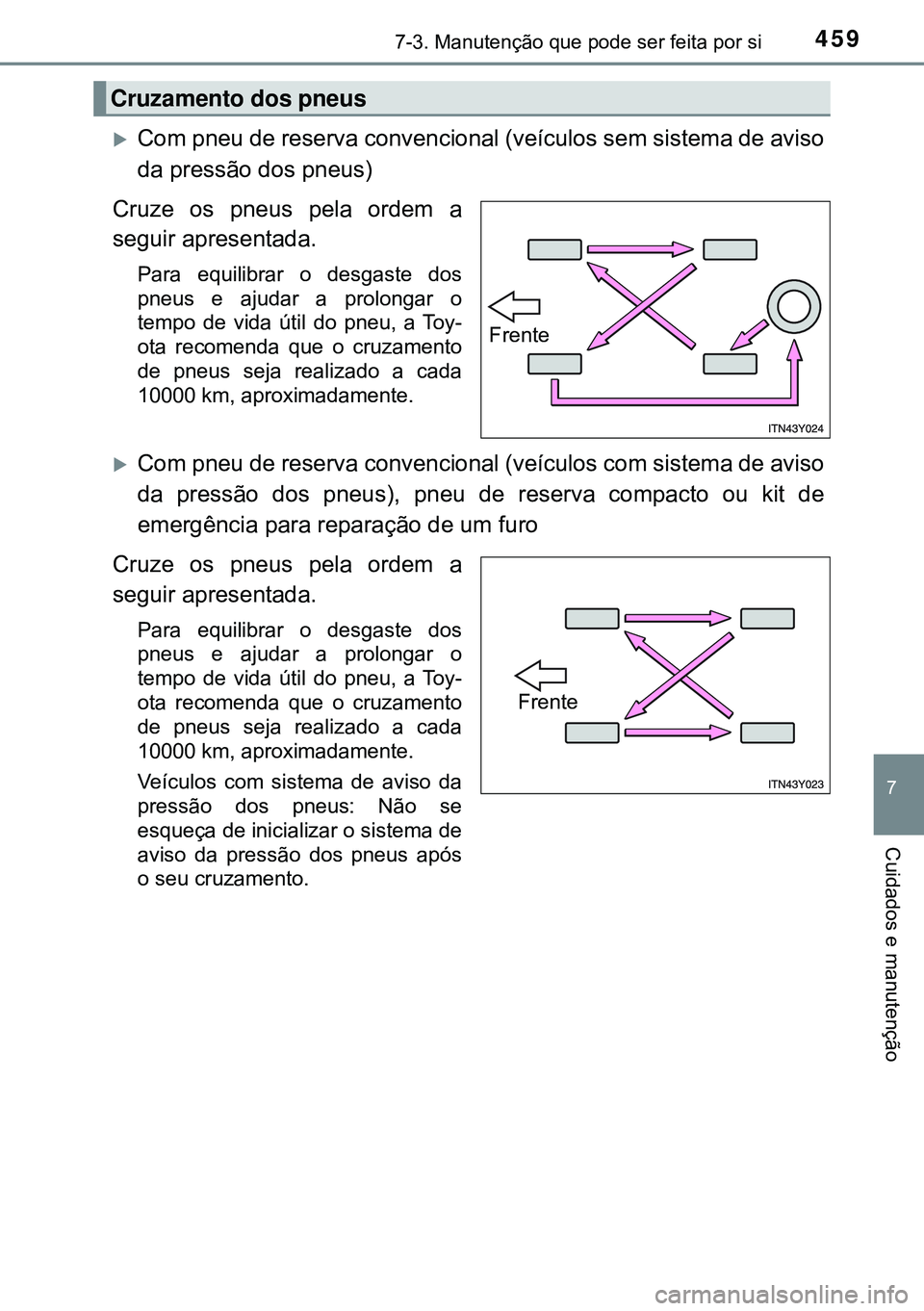 TOYOTA AVENSIS 2015 Manual de utilização (in Portuguese) 4597-3. Manutenção que pode ser feita por si
7
Cuidados e manutenção
Com pneu de reserva convencional (veículos sem sistema de aviso
da pressão dos pneus)
Cruze os pneus pela ordem a
seguir a TOYOTA AVENSIS 2015 Manual de utilização (in Portuguese) 4597-3. Manutenção que pode ser feita por si
7
Cuidados e manutenção
Com pneu de reserva convencional (veículos sem sistema de aviso
da pressão dos pneus)
Cruze os pneus pela ordem a
seguir a