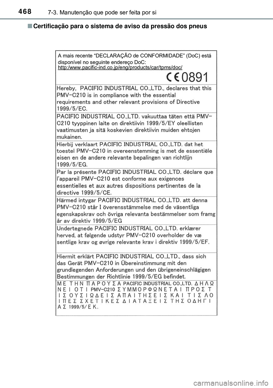 TOYOTA AVENSIS 2015 Manual de utilização (in Portuguese) 4687-3. Manutenção que pode ser feita por si
nCertificação para o sistema de aviso da pressão dos pneus
A mais recente “DECLARAÇÃO de CONFORMIDADE” (DoC) está
disponível no seguinte ende TOYOTA AVENSIS 2015 Manual de utilização (in Portuguese) 4687-3. Manutenção que pode ser feita por si
nCertificação para o sistema de aviso da pressão dos pneus
A mais recente “DECLARAÇÃO de CONFORMIDADE” (DoC) está
disponível no seguinte ende