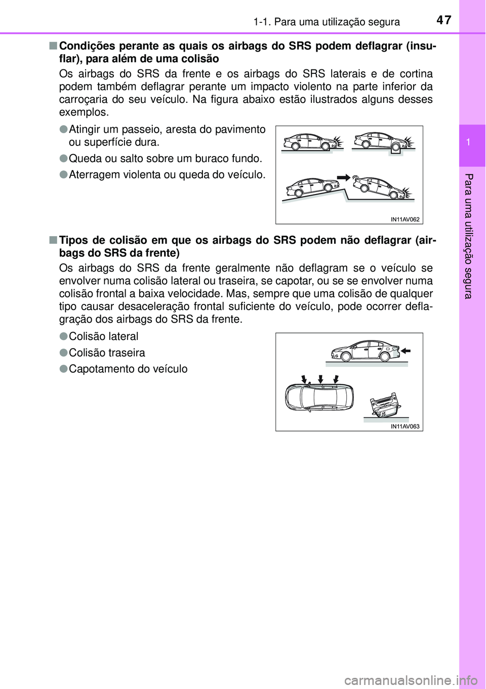 TOYOTA AVENSIS 2015  Manual de utilização (in Portuguese) 471-1. Para uma utilização segura
1
Para uma utilização segura 
nCondições perante as quais os airbags do SRS podem deflagrar (insu-
flar), para além de uma colisão
Os airbags do SRS da frente