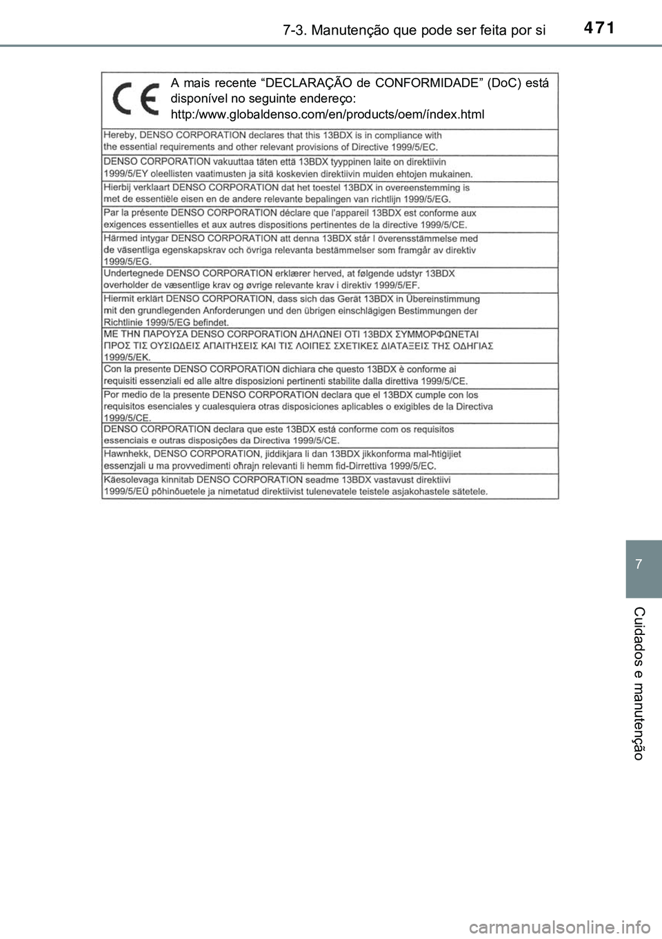 TOYOTA AVENSIS 2015 Manual de utilização (in Portuguese) 4717-3. Manutenção que pode ser feita por si
7
Cuidados e manutenção
A mais recente “DECLARAÇÃO de CONFORMIDADE” (DoC) está
disponível no seguinte endereço:
http:/www.globaldenso.com/en/p TOYOTA AVENSIS 2015 Manual de utilização (in Portuguese) 4717-3. Manutenção que pode ser feita por si
7
Cuidados e manutenção
A mais recente “DECLARAÇÃO de CONFORMIDADE” (DoC) está
disponível no seguinte endereço:
http:/www.globaldenso.com/en/p