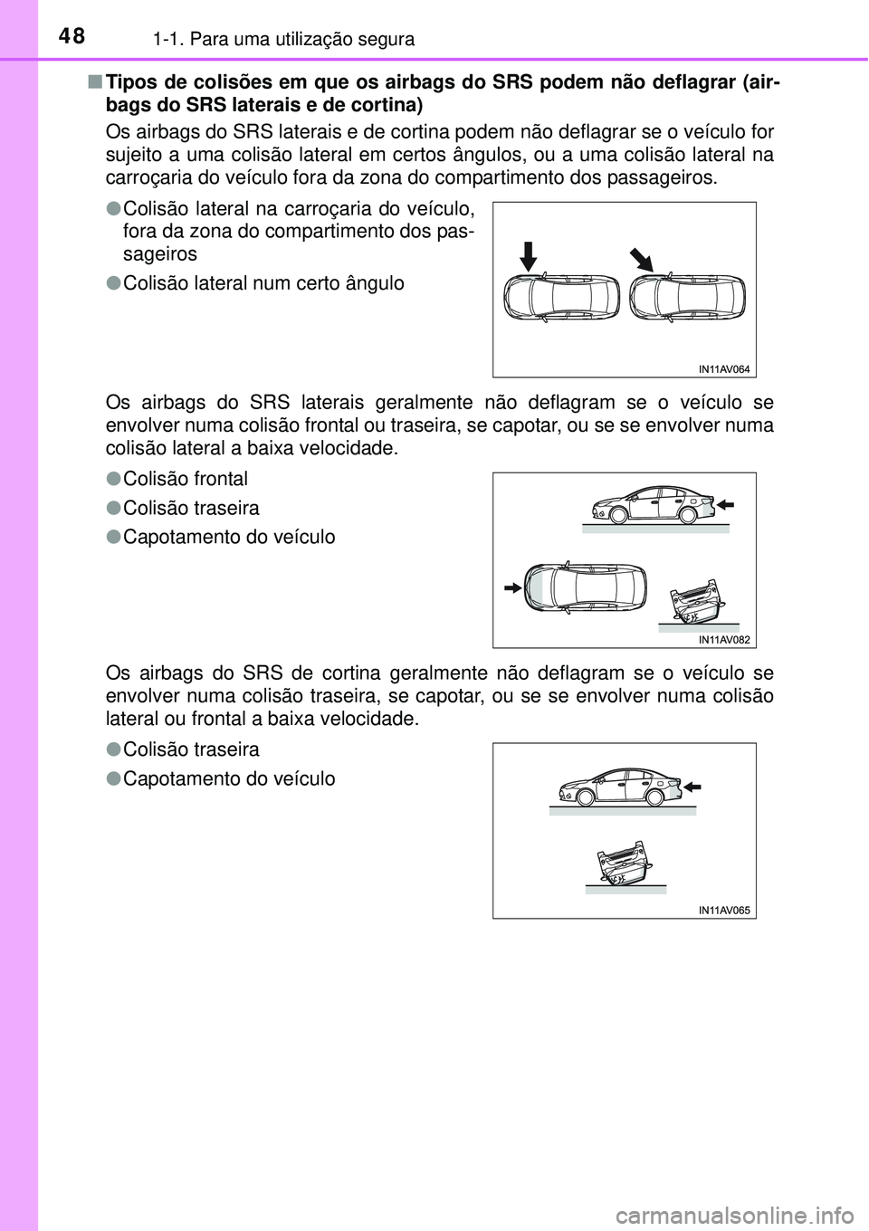 TOYOTA AVENSIS 2015  Manual de utilização (in Portuguese) 481-1. Para uma utilização segura 
nTipos de colisões em que os airbags do SRS podem não deflagrar (air-
bags do SRS laterais e de cortina) 
Os airbags do SRS laterais e de cortina podem não defl