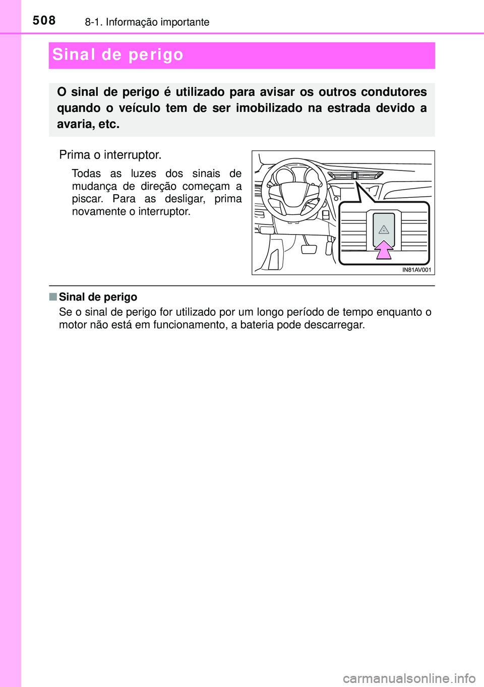 TOYOTA AVENSIS 2015  Manual de utilização (in Portuguese) 5088-1. Informação importante
Sinal de perigo
Prima o interruptor.
Todas as luzes dos sinais de
mudança de direção começam a
piscar. Para as desligar, prima
novamente o interruptor.
nSinal de pe