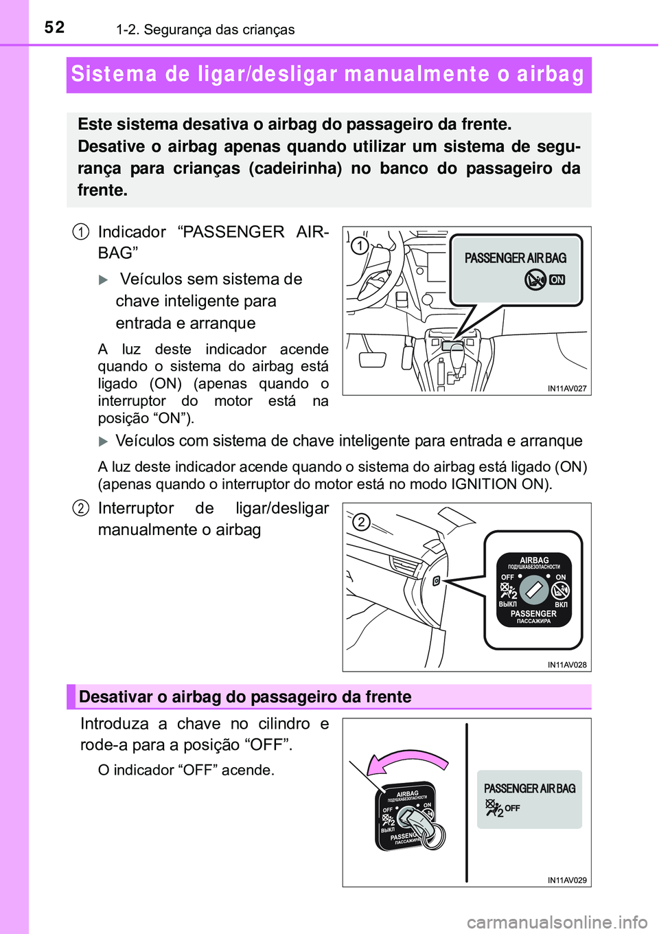 TOYOTA AVENSIS 2015  Manual de utilização (in Portuguese) 521-2. Segurança das crianças
Sistema de ligar/desligar manualmente o airbag 
Indicador “PASSENGER AIR-
BAG”
 Veículos sem sistema de 
chave inteligente para 
entrada e arranque
A luz deste 