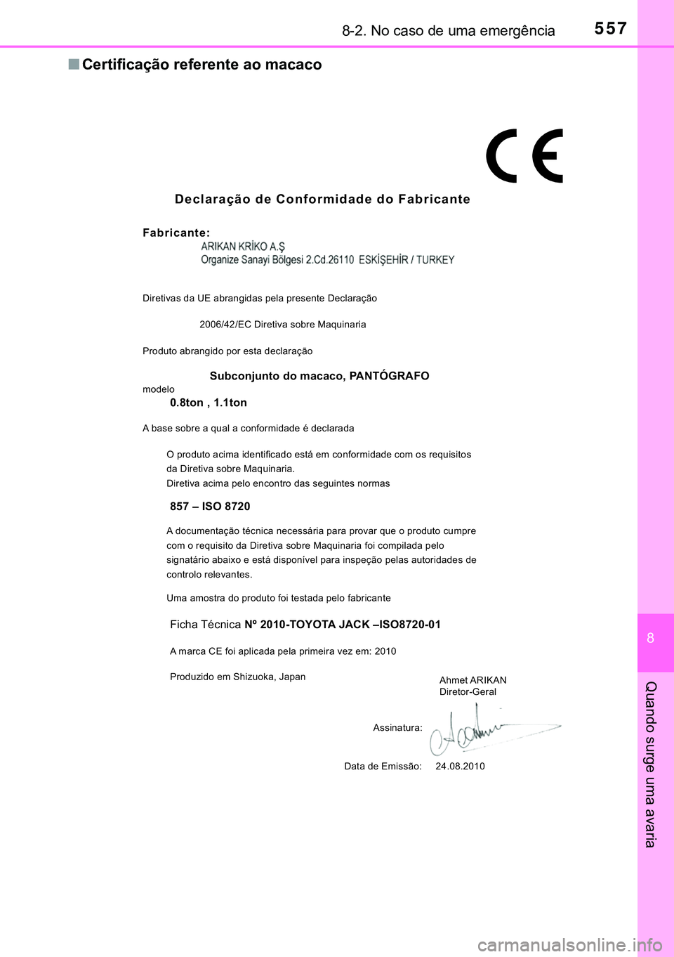 TOYOTA AVENSIS 2015  Manual de utilização (in Portuguese) 5578-2. No caso de uma emergência
8
Quando surge uma avaria
nCertificação referente ao macaco
Declaração de Conformidade do Fabricante
Fabricante:
Diretivas da UE abrangidas pela presente Declara