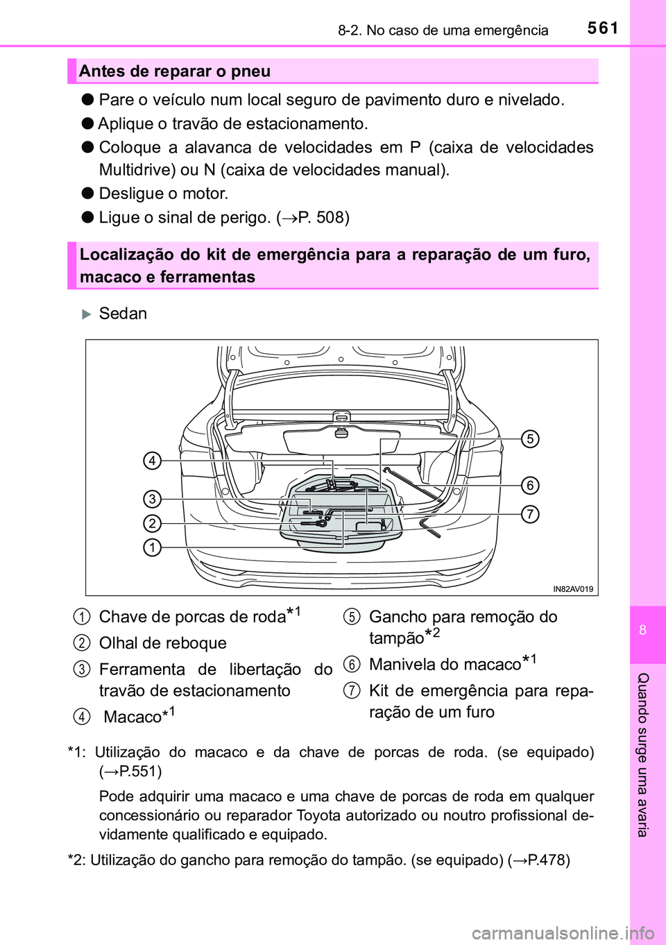 TOYOTA AVENSIS 2015  Manual de utilização (in Portuguese) 5618-2. No caso de uma emergência
8
Quando surge uma avaria
lPare o veículo num local seguro de pavimento duro e nivelado.
lAplique o travão de estacionamento.
lColoque a alavanca de velocidades em
