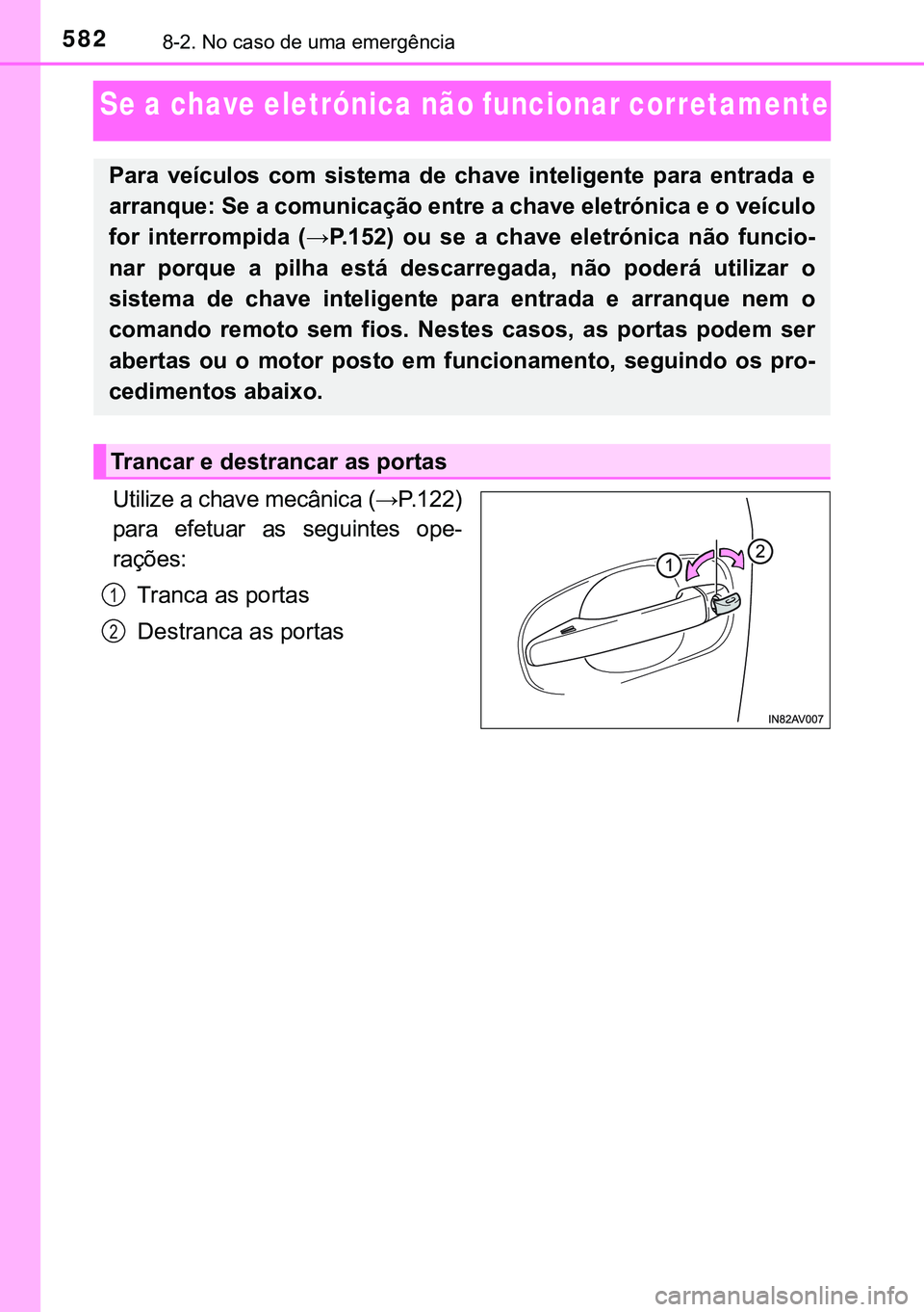 TOYOTA AVENSIS 2015 Manual de utilização (in Portuguese) 5828-2. No caso de uma emergência
Se a chave eletrónica não funcionar corretamente
Utilize a chave mecânica (→P.122)
para efetuar as seguintes ope-
rações:
Tranca as portas
Destranca as portas TOYOTA AVENSIS 2015 Manual de utilização (in Portuguese) 5828-2. No caso de uma emergência
Se a chave eletrónica não funcionar corretamente
Utilize a chave mecânica (→P.122)
para efetuar as seguintes ope-
rações:
Tranca as portas
Destranca as portas