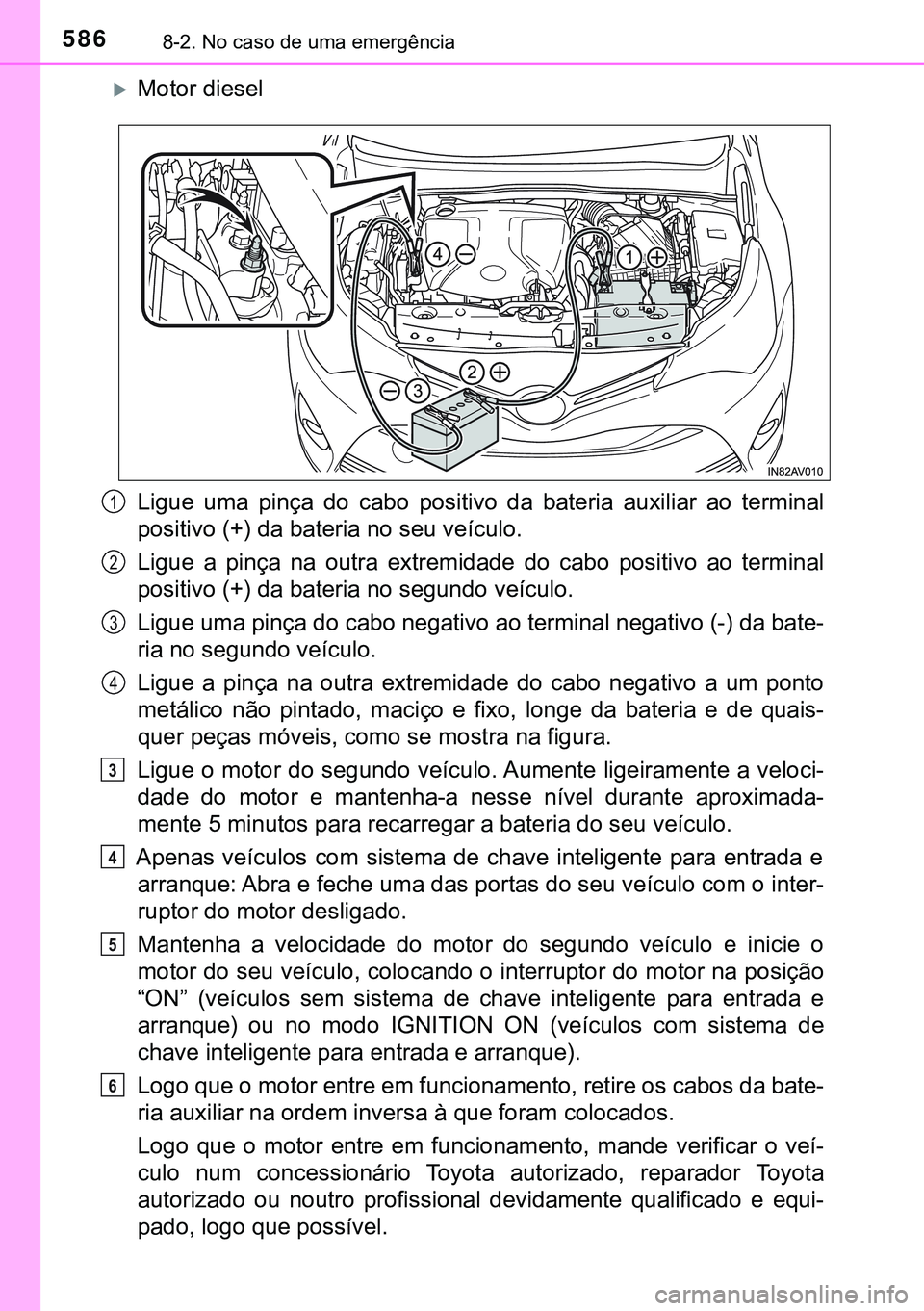 TOYOTA AVENSIS 2015 Manual de utilização (in Portuguese) 5868-2. No caso de uma emergência
Motor diesel
Ligue uma pinça do cabo positivo da bateria auxiliar ao terminal
positivo (+) da bateria no seu veículo.
Ligue a pinça na outra extremidade do cab TOYOTA AVENSIS 2015 Manual de utilização (in Portuguese) 5868-2. No caso de uma emergência
Motor diesel
Ligue uma pinça do cabo positivo da bateria auxiliar ao terminal
positivo (+) da bateria no seu veículo.
Ligue a pinça na outra extremidade do cab