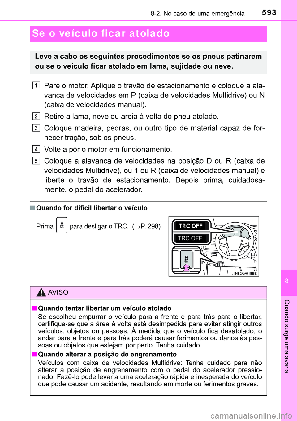 TOYOTA AVENSIS 2015  Manual de utilização (in Portuguese) 5938-2. No caso de uma emergência
8
Quando surge uma avaria
Se o veículo ficar atolado
Pare o motor. Aplique o travão de estacionamento e coloque a ala-
vanca de velocidades em P (caixa de velocida
