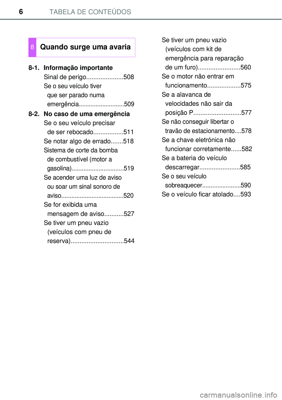 TOYOTA AVENSIS 2015  Manual de utilização (in Portuguese) TABELA DE CONTEÚDOS6
8-1. Informação importante
Sinal de perigo.....................508
Se o seu veículo tiver 
  que ser parado numa 
  emergência...........................509
8-2. No caso de u