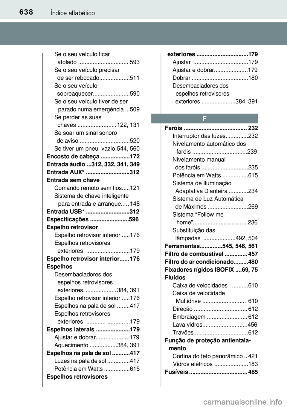TOYOTA AVENSIS 2015  Manual de utilização (in Portuguese) 638Índice alfabético
Se o seu veículo ficar 
  atolado ............................... 593
Se o seu veículo precisar 
  de ser rebocado...................511
Se o seu veículo 
  sobreaquecer.....