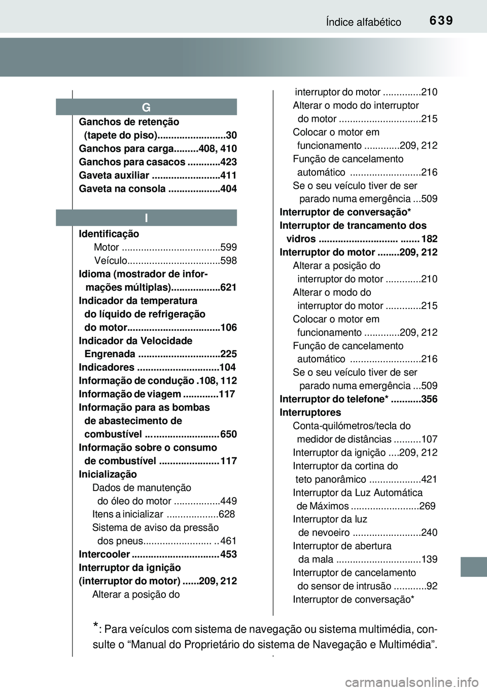 TOYOTA AVENSIS 2015  Manual de utilização (in Portuguese) 639Índice alfabético
Ganchos de retenção 
  (tapete do piso).........................30
Ganchos para carga.........408, 410
Ganchos para casacos ............423
Gaveta auxiliar ...................