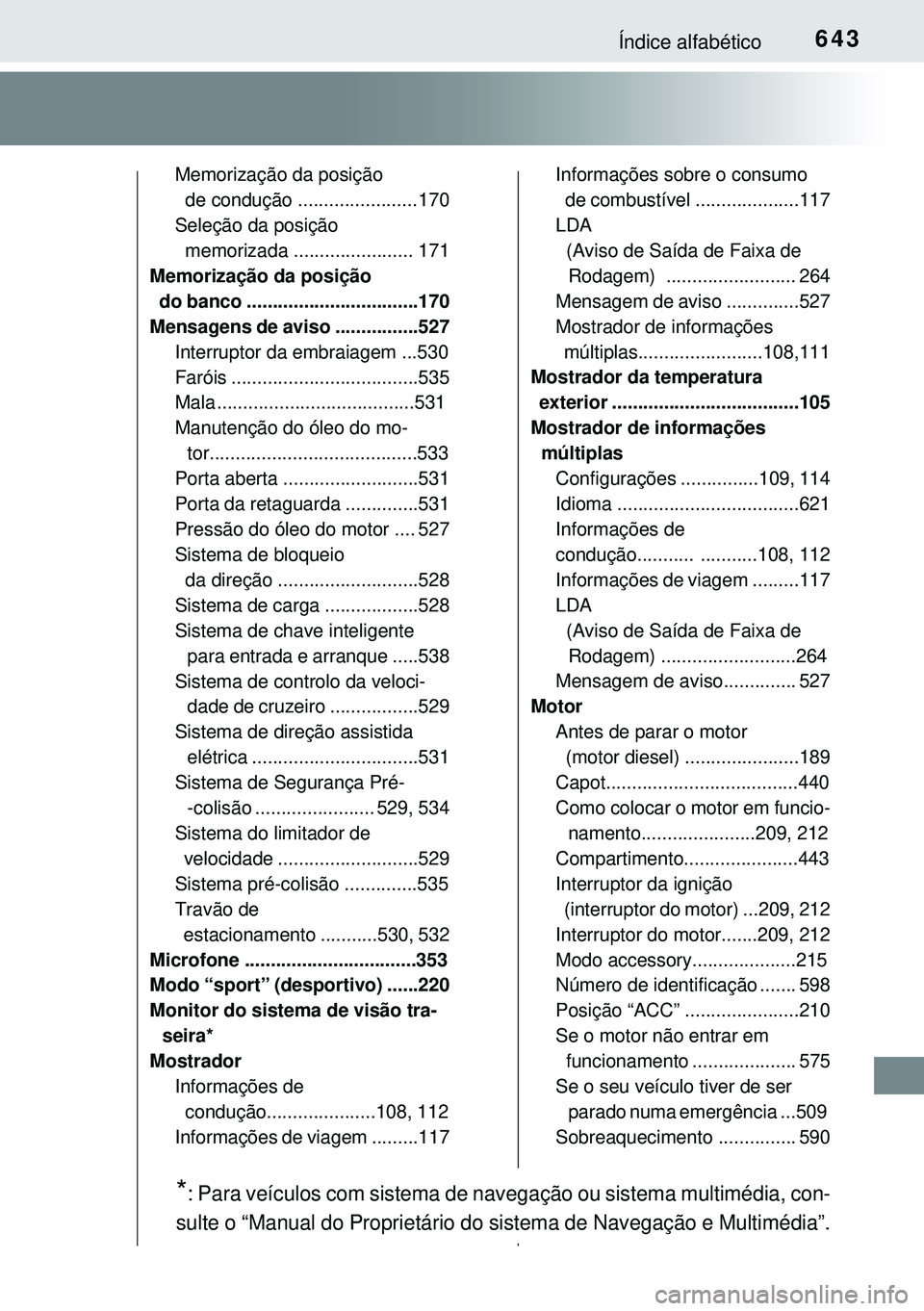 TOYOTA AVENSIS 2015 Manual de utilização (in Portuguese) 643Índice alfabético
Memorização da posição
de condução ....................... 170
Seleção da posição
memorizada ....................... 171
Memorização da posição
do banco .... TOYOTA AVENSIS 2015 Manual de utilização (in Portuguese) 643Índice alfabético
Memorização da posição
de condução ....................... 170
Seleção da posição
memorizada ....................... 171
Memorização da posição
do banco ....