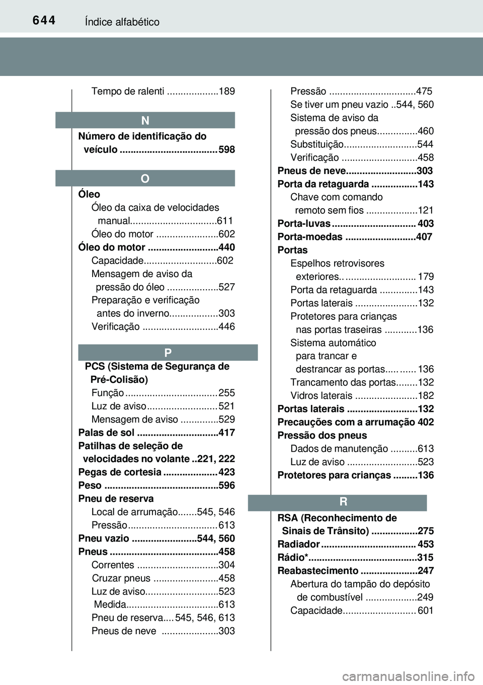 TOYOTA AVENSIS 2015 Manual de utilização (in Portuguese) 644Índice alfabético
Tempo de ralenti ...................189
Número de identificação do
veículo .................................... 598
Óleo
Óleo da caixa de velocidades
manual............ TOYOTA AVENSIS 2015 Manual de utilização (in Portuguese) 644Índice alfabético
Tempo de ralenti ...................189
Número de identificação do
veículo .................................... 598
Óleo
Óleo da caixa de velocidades
manual............