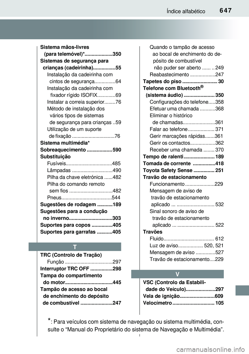 TOYOTA AVENSIS 2015 Manual de utilização (in Portuguese) 647Índice alfabético
Sistema mãos-livres
(para telemóvel)*....................350
Sistemas de segurança para
crianças (cadeirinha)................55
Instalação da cadeirinha com
cintos TOYOTA AVENSIS 2015 Manual de utilização (in Portuguese) 647Índice alfabético
Sistema mãos-livres
(para telemóvel)*....................350
Sistemas de segurança para
crianças (cadeirinha)................55
Instalação da cadeirinha com
cintos