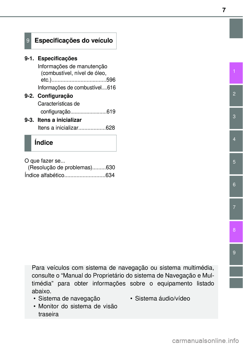 TOYOTA AVENSIS 2015  Manual de utilização (in Portuguese) 7
1
8 6 5
4
3
2
9
7
9-1. Especificações
Informações de manutenção 
(combustível, nível de óleo, 
etc.)
....................................596
Informações de combustível....616
9-2. Config