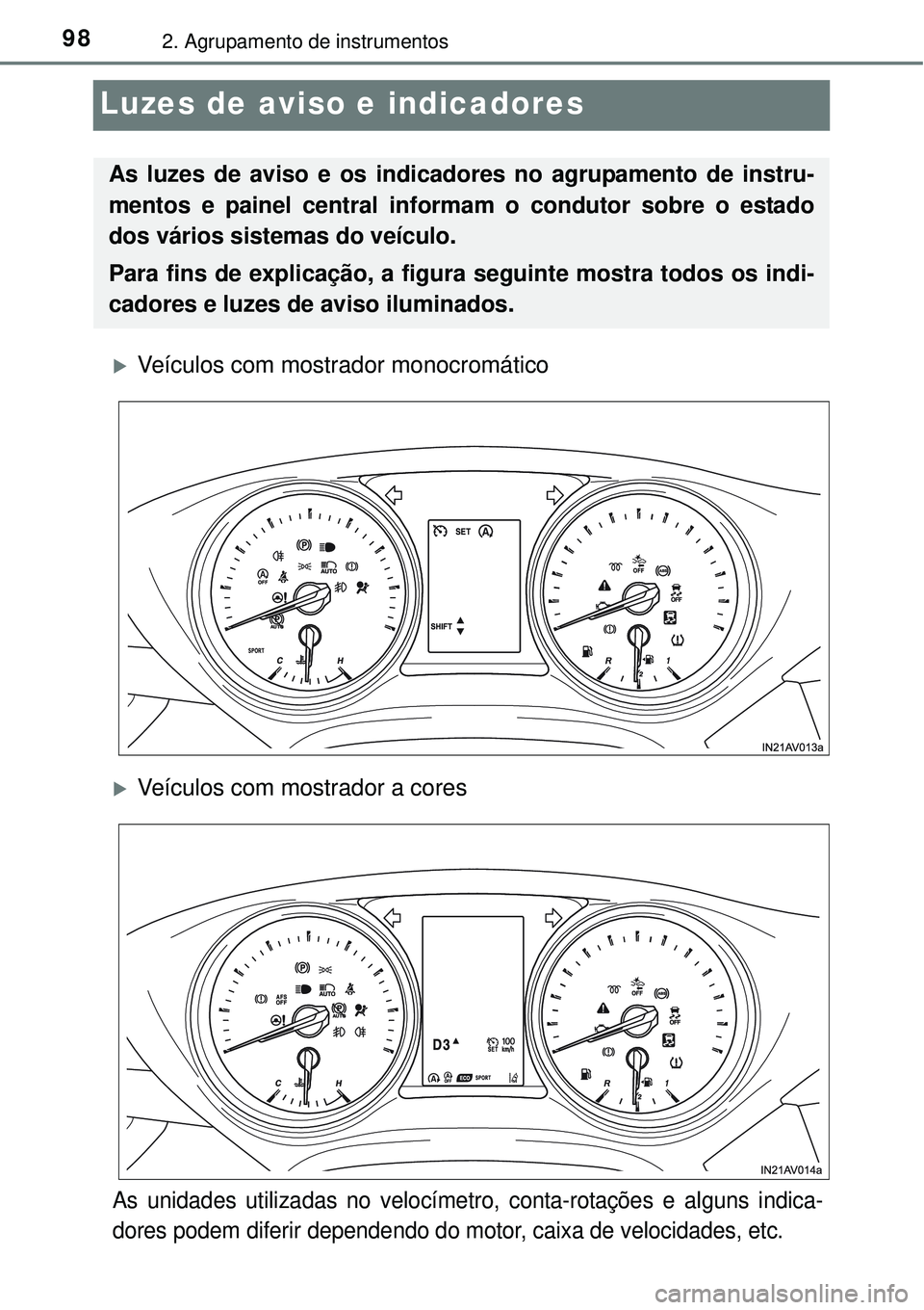 TOYOTA AVENSIS 2015  Manual de utilização (in Portuguese) 982. Agrupamento de instrumentos
Luzes de aviso e indicadores
Veículos com mostrador monocromático
Veículos com mostrador a cores
As unidades utilizadas no velocímetro, conta-rotações e al