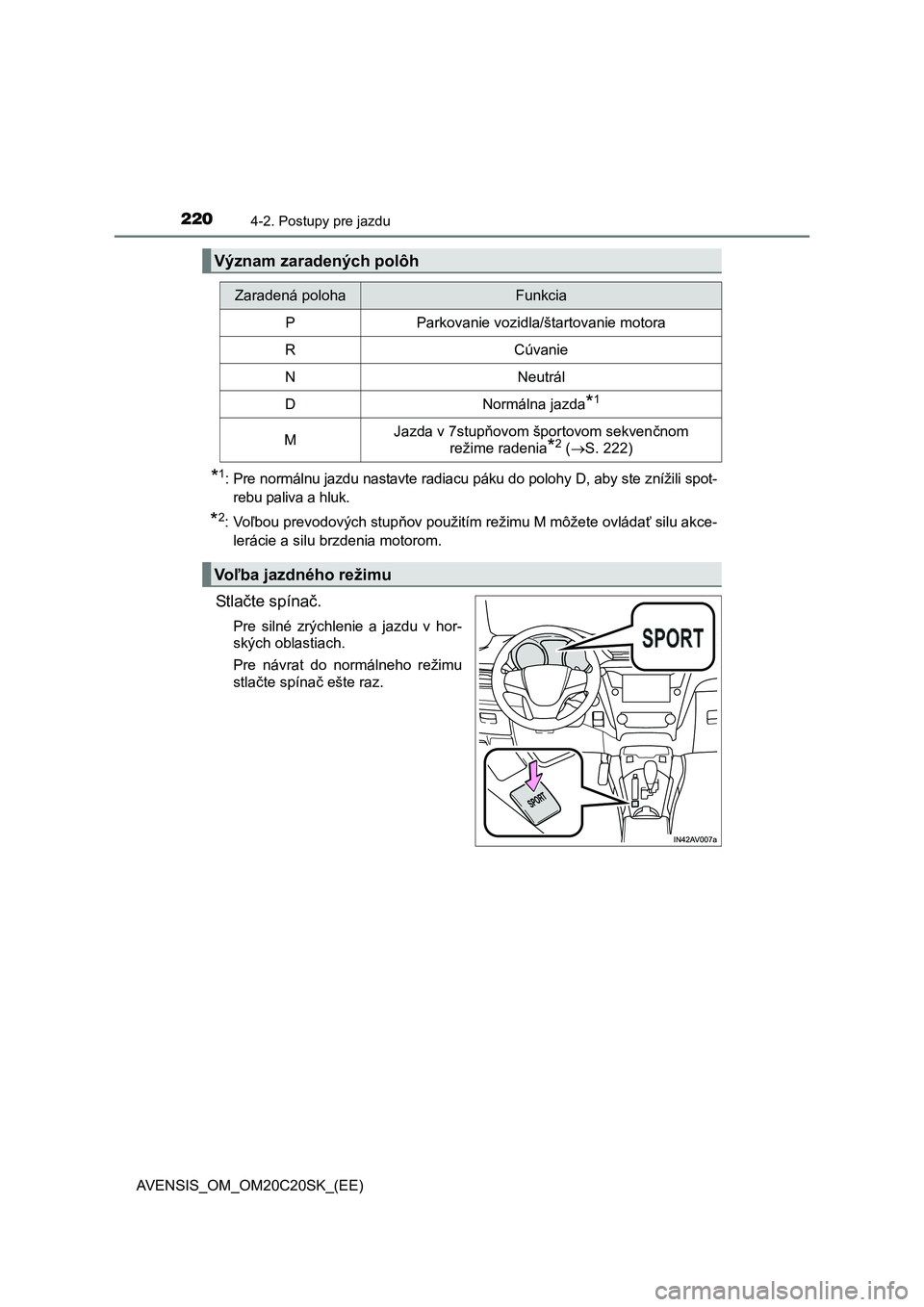 TOYOTA AVENSIS 2015 Návod na použitie (in Slovakian) 2204-2. Postupy pre jazdu
AVENSIS_OM_OM20C20SK_(EE)
*1: Pre normálnu jazdu nastavte radiacu páku do polohy D, aby ste znížili spot-
rebu paliva a hluk.
*2:Vo ľbou prevodových stupňov použití TOYOTA AVENSIS 2015 Návod na použitie (in Slovakian) 2204-2. Postupy pre jazdu
AVENSIS_OM_OM20C20SK_(EE)
*1: Pre normálnu jazdu nastavte radiacu páku do polohy D, aby ste znížili spot-
rebu paliva a hluk.
*2:Vo ľbou prevodových stupňov použití