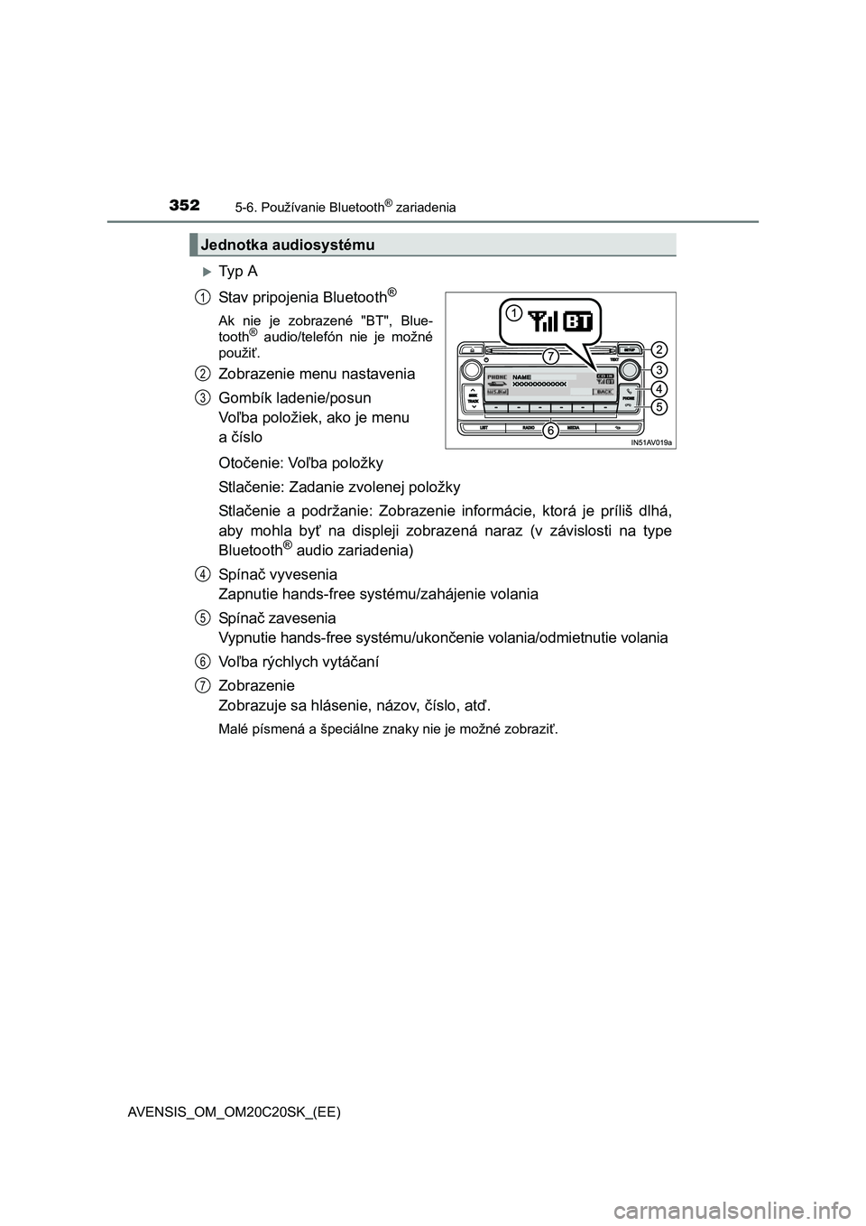 TOYOTA AVENSIS 2015  Návod na použitie (in Slovakian) 3525-6. Používanie Bluetooth® zariadenia
AVENSIS_OM_OM20C20SK_(EE)
Ty p  A 
Stav pripojenia Bluetooth®
Ak nie je zobrazené "BT", Blue- 
tooth® audio/telefón nie je možné 
použi ť.
Zobraz
