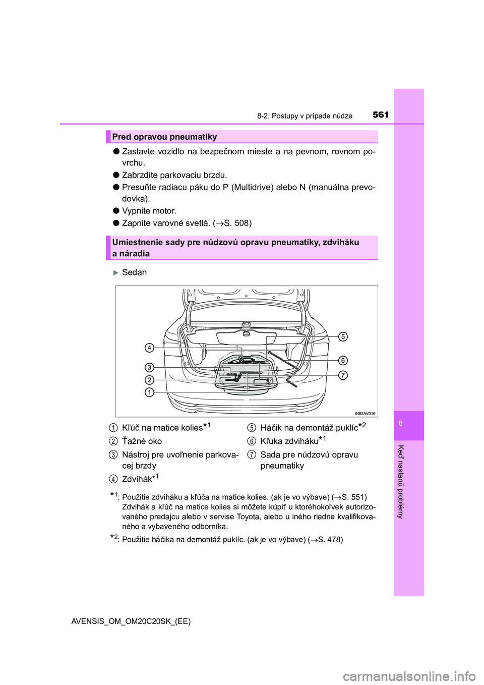 TOYOTA AVENSIS 2015 Návod na použitie (in Slovakian) 5618-2. Postupy v prípade núdze
AVENSIS_OM_OM20C20SK_(EE)
8
Keď nastanú problémy
●Zastavte vozidlo na bezpečnom mieste a na pevnom, rovnom po-
vrchu.
●Zabrzdite parkovaciu brzdu.
●Presuňt TOYOTA AVENSIS 2015 Návod na použitie (in Slovakian) 5618-2. Postupy v prípade núdze
AVENSIS_OM_OM20C20SK_(EE)
8
Keď nastanú problémy
●Zastavte vozidlo na bezpečnom mieste a na pevnom, rovnom po-
vrchu.
●Zabrzdite parkovaciu brzdu.
●Presuňt