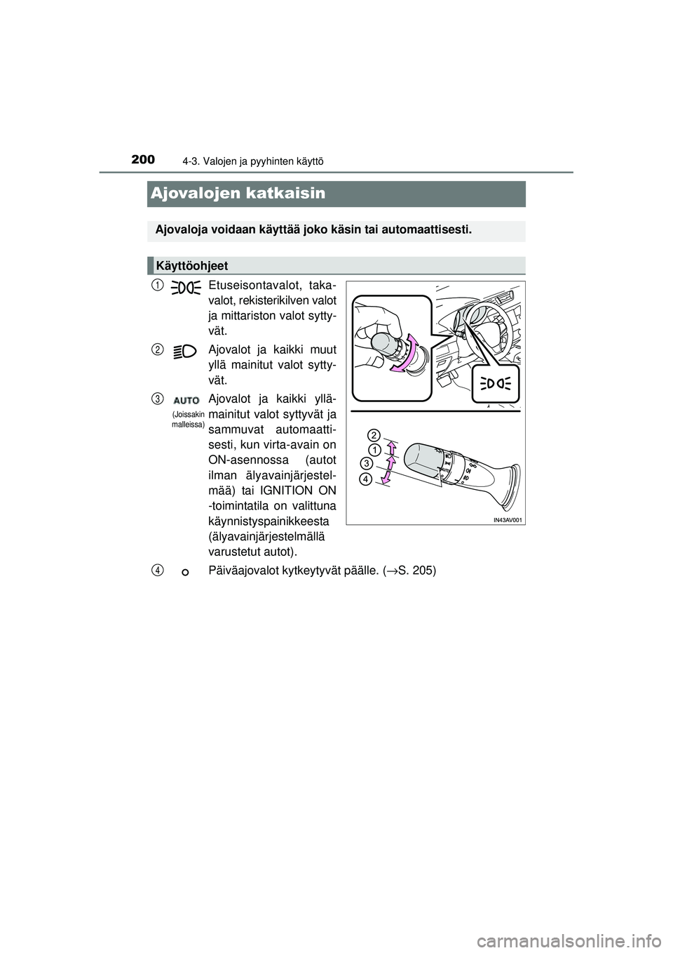 TOYOTA AVENSIS 2015  Omistajan Käsikirja (in Finnish) 2004-3. Valojen ja pyyhinten käyttö
OM20C20FI
Ajovalojen katkaisin
Etuseisontavalot, taka-
valot, rekisterikilven valot
ja mittariston valot sytty-
vät.
Ajovalot ja kaikki muut
yllä mainitut valot