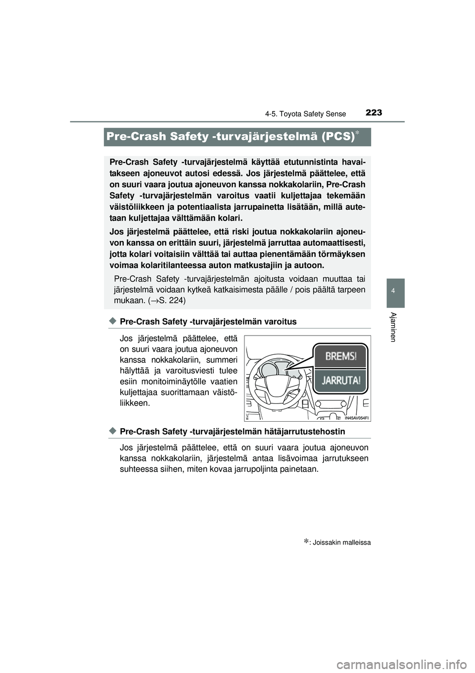 TOYOTA AVENSIS 2015 Omistajan Käsikirja (in Finnish) 223
4
4-5. Toyota Safety Sense
Ajaminen
OM20C20FI
Pre-Crash Safety -tur vajärjestelmä (PCS)∗
◆Pre-Crash Safety -turvajärjestelmän varoitus
Jos järjestelmä päättelee, että
on suuri vaara j TOYOTA AVENSIS 2015 Omistajan Käsikirja (in Finnish) 223
4
4-5. Toyota Safety Sense
Ajaminen
OM20C20FI
Pre-Crash Safety -tur vajärjestelmä (PCS)∗
◆Pre-Crash Safety -turvajärjestelmän varoitus
Jos järjestelmä päättelee, että
on suuri vaara j