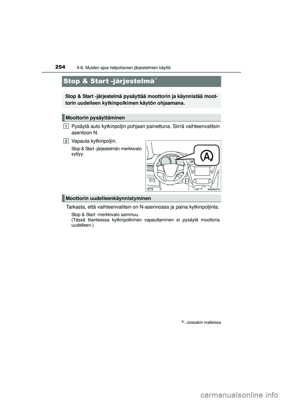 TOYOTA AVENSIS 2015  Omistajan Käsikirja (in Finnish) 2544-6. Muiden ajoa helpottavien järjestelmien käyttö
OM20C20FI
Stop & Start -järjestelmä∗
Pysäytä auto kytkinpoljin pohjaan painettuna. Siirrä vaihteenvalitsin
asentoon N.
Vapauta kytkinpol