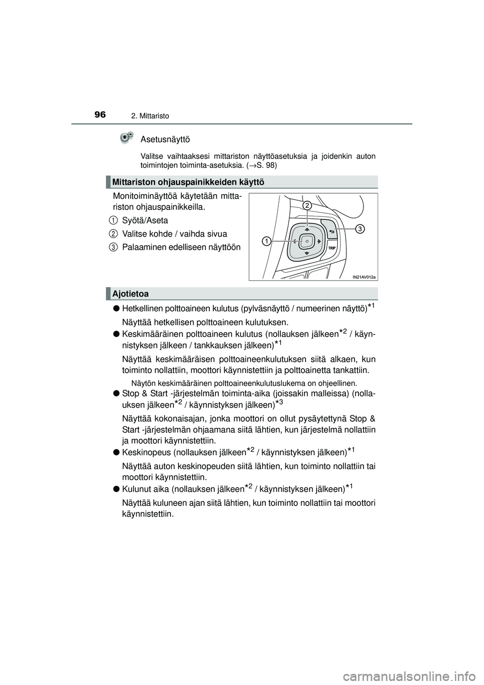 TOYOTA AVENSIS 2015 Omistajan Käsikirja (in Finnish) 962. Mittaristo
OM20C20FI
Asetusnäyttö
Valitse vaihtaaksesi mittariston näyttöasetuksia ja joidenkin auton
toimintojen toiminta-asetuksia. (→S. 98)
Monitoiminäyttöä käytetään mitta-
riston TOYOTA AVENSIS 2015 Omistajan Käsikirja (in Finnish) 962. Mittaristo
OM20C20FI
Asetusnäyttö
Valitse vaihtaaksesi mittariston näyttöasetuksia ja joidenkin auton
toimintojen toiminta-asetuksia. (→S. 98)
Monitoiminäyttöä käytetään mitta-
riston