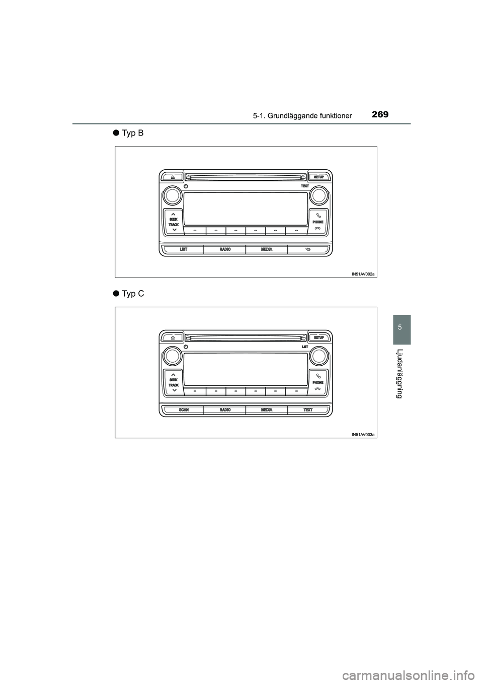 TOYOTA AVENSIS 2015 Bruksanvisningar (in Swedish) 2695-1. Grundläggande funktioner
5
Ljudanläggning
OM20C20SE
lTy p B
l Ty p C
OM20C20SE.book Page 269 Tuesday, December 1, 2015 2:27 PM TOYOTA AVENSIS 2015 Bruksanvisningar (in Swedish) 2695-1. Grundläggande funktioner
5
Ljudanläggning
OM20C20SE
lTy p B
l Ty p C
OM20C20SE.book Page 269 Tuesday, December 1, 2015 2:27 PM