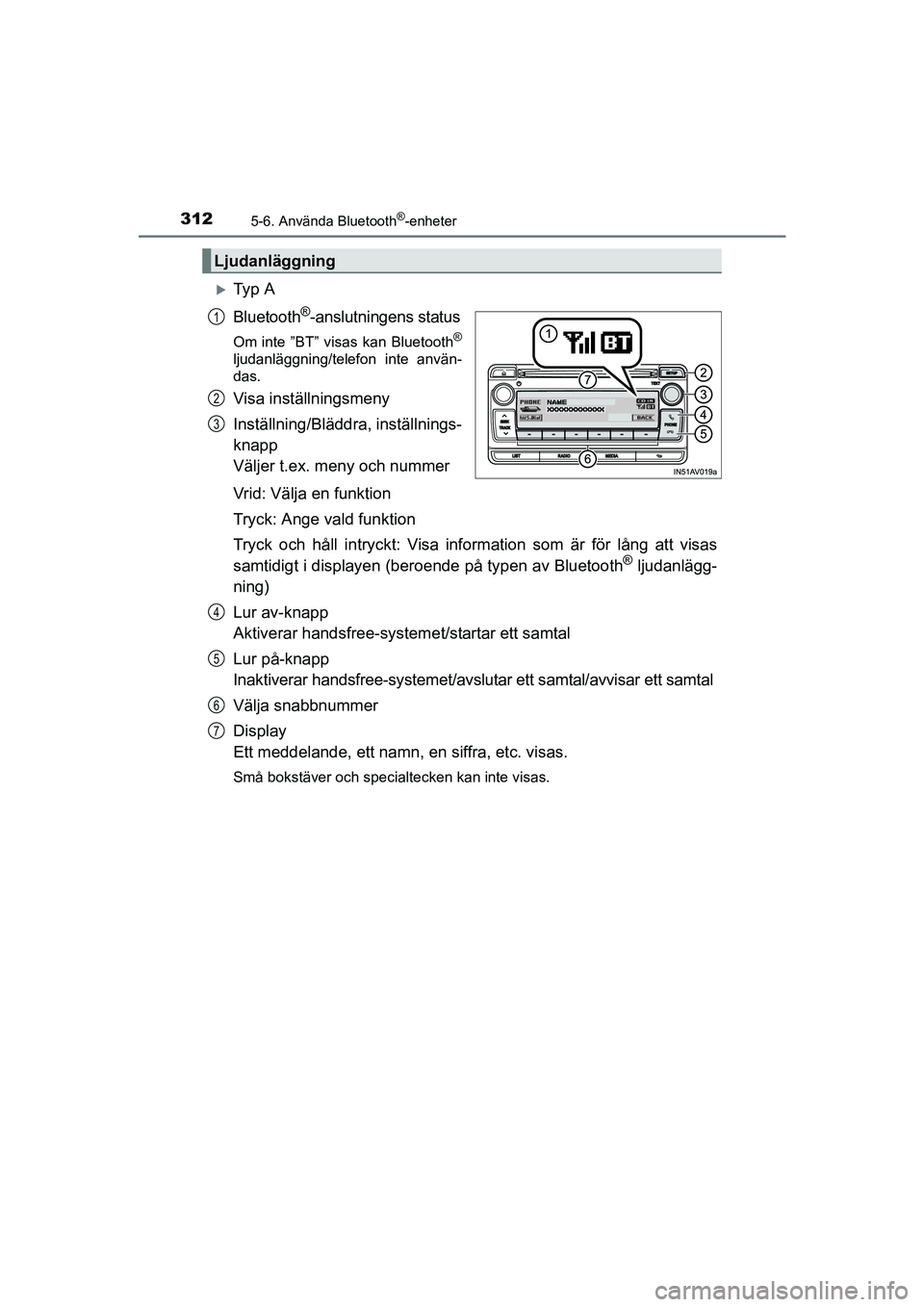 TOYOTA AVENSIS 2015 Bruksanvisningar (in Swedish) 3125-6. Använda Bluetooth®-enheter
OM20C20SE
Ty p A
Bluetooth
®-anslutningens status
Om inte ”BT” visas kan Bluetooth®
ljudanläggning/telefon inte använ-
das.
Visa inställningsmeny
Inst TOYOTA AVENSIS 2015 Bruksanvisningar (in Swedish) 3125-6. Använda Bluetooth®-enheter
OM20C20SE
Ty p A
Bluetooth
®-anslutningens status
Om inte ”BT” visas kan Bluetooth®
ljudanläggning/telefon inte använ-
das.
Visa inställningsmeny
Inst
