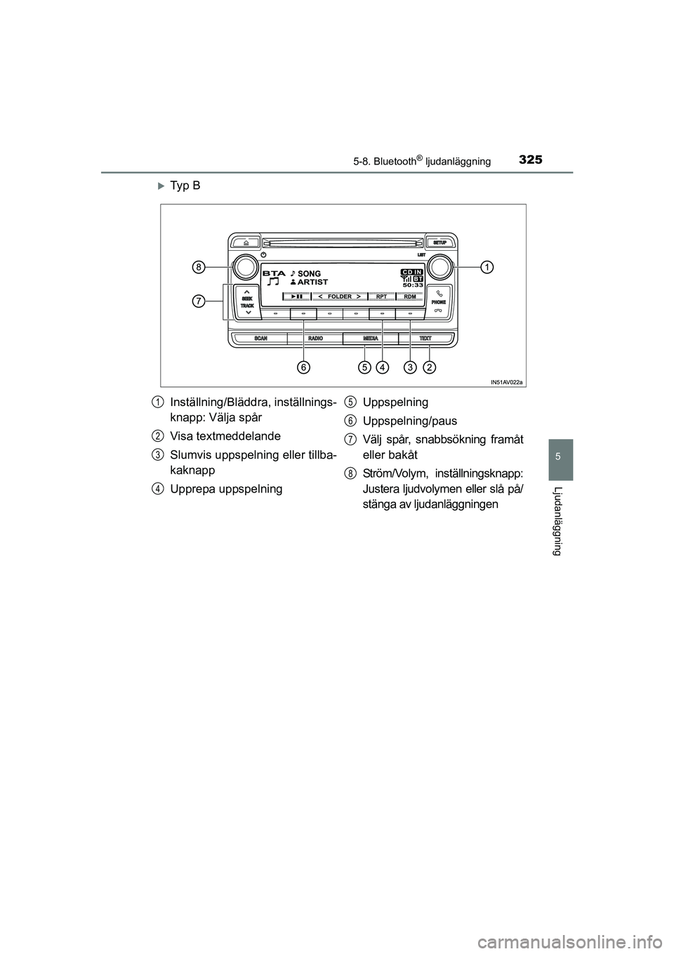 TOYOTA AVENSIS 2015 Bruksanvisningar (in Swedish) 3255-8. Bluetooth® ljudanläggning
5
Ljudanläggning
OM20C20SE
Ty p B
Inställning/Bläddra, inställnings-
knapp: Välja spår
Visa textmeddelande
Slumvis uppspelning eller tillba-
kaknapp
Uppre TOYOTA AVENSIS 2015 Bruksanvisningar (in Swedish) 3255-8. Bluetooth® ljudanläggning
5
Ljudanläggning
OM20C20SE
Ty p B
Inställning/Bläddra, inställnings-
knapp: Välja spår
Visa textmeddelande
Slumvis uppspelning eller tillba-
kaknapp
Uppre