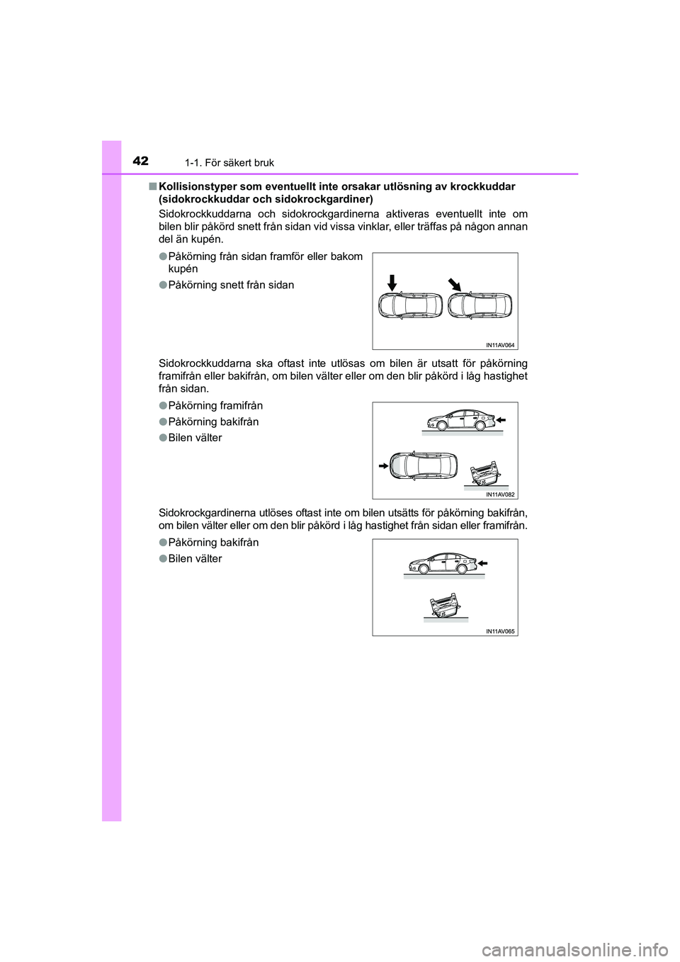 TOYOTA AVENSIS 2015 Bruksanvisningar (in Swedish) 421-1. För säkert bruk
OM20C20SEn
Kollisionstyper som eventuellt inte orsakar utlösning av krockkuddar
(sidokrockkuddar och sidokrockgardiner)
Sidokrockkuddarna och sidokrockgardinerna aktiveras TOYOTA AVENSIS 2015 Bruksanvisningar (in Swedish) 421-1. För säkert bruk
OM20C20SEn
Kollisionstyper som eventuellt inte orsakar utlösning av krockkuddar
(sidokrockkuddar och sidokrockgardiner)
Sidokrockkuddarna och sidokrockgardinerna aktiveras