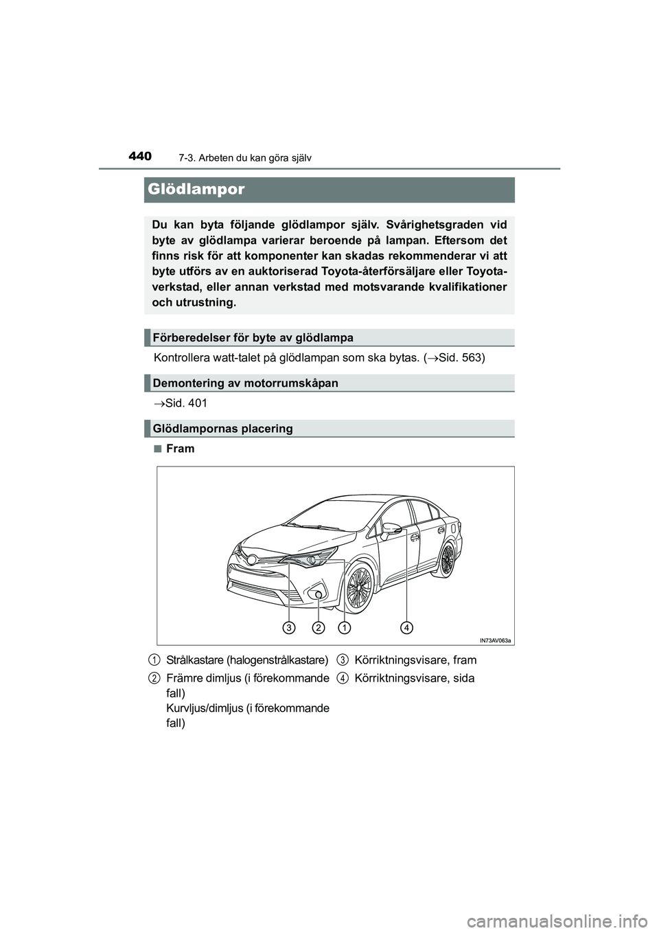 TOYOTA AVENSIS 2015 Bruksanvisningar (in Swedish) 4407-3. Arbeten du kan göra själv
OM20C20SE
Glödlampor
Kontrollera watt-talet på glödlampan som ska bytas. (Sid. 563)
Sid. 401
nFram
Du kan byta följande glödlampor själv. Svårighetsg TOYOTA AVENSIS 2015 Bruksanvisningar (in Swedish) 4407-3. Arbeten du kan göra själv
OM20C20SE
Glödlampor
Kontrollera watt-talet på glödlampan som ska bytas. (Sid. 563)
Sid. 401
nFram
Du kan byta följande glödlampor själv. Svårighetsg