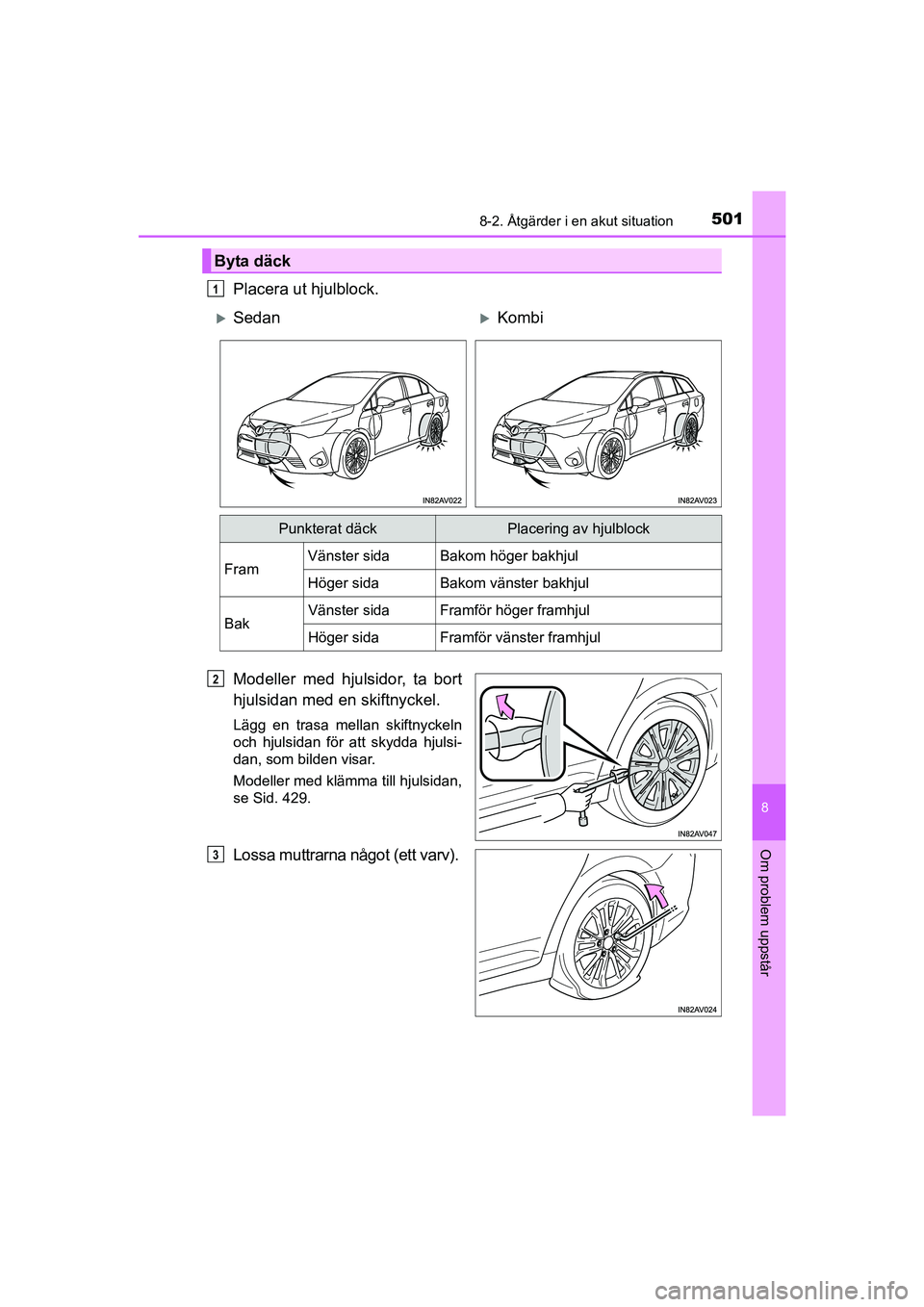 TOYOTA AVENSIS 2015 Bruksanvisningar (in Swedish) 5018-2. Åtgärder i en akut situation
OM20C20SE
8
Om problem uppstår
Placera ut hjulblock.
Modeller med hjulsidor, ta bort
hjulsidan med en skiftnyckel.
Lägg en trasa mellan skiftnyckeln
och hjulsi TOYOTA AVENSIS 2015 Bruksanvisningar (in Swedish) 5018-2. Åtgärder i en akut situation
OM20C20SE
8
Om problem uppstår
Placera ut hjulblock.
Modeller med hjulsidor, ta bort
hjulsidan med en skiftnyckel.
Lägg en trasa mellan skiftnyckeln
och hjulsi