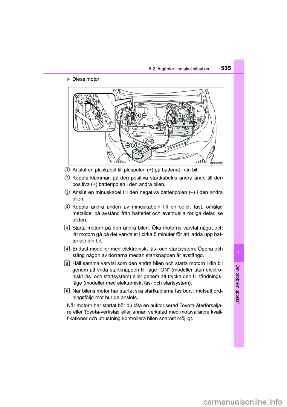 TOYOTA AVENSIS 2015 Bruksanvisningar (in Swedish) 5358-2. Åtgärder i en akut situation
OM20C20SE
8
Om problem uppstår
Dieselmotor
Anslut en pluskabel till pluspolen (+) på batteriet i din bil.
Koppla klämman på den positiva startkabelns andr TOYOTA AVENSIS 2015 Bruksanvisningar (in Swedish) 5358-2. Åtgärder i en akut situation
OM20C20SE
8
Om problem uppstår
Dieselmotor
Anslut en pluskabel till pluspolen (+) på batteriet i din bil.
Koppla klämman på den positiva startkabelns andr