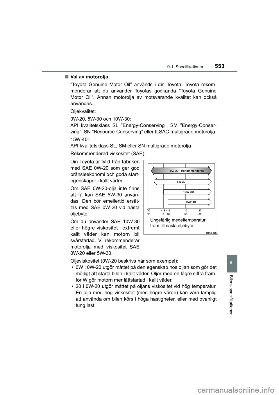 TOYOTA AVENSIS 2015  Bruksanvisningar (in Swedish) 5539-1. Specifikationer
OM20C20SE
9
Bilens specifikationer
nVal av motorolja
”Toyota Genuine Motor Oil” används i din Toyota. Toyota rekom-
menderar att du använder Toyotas godkända ”Toyota G
