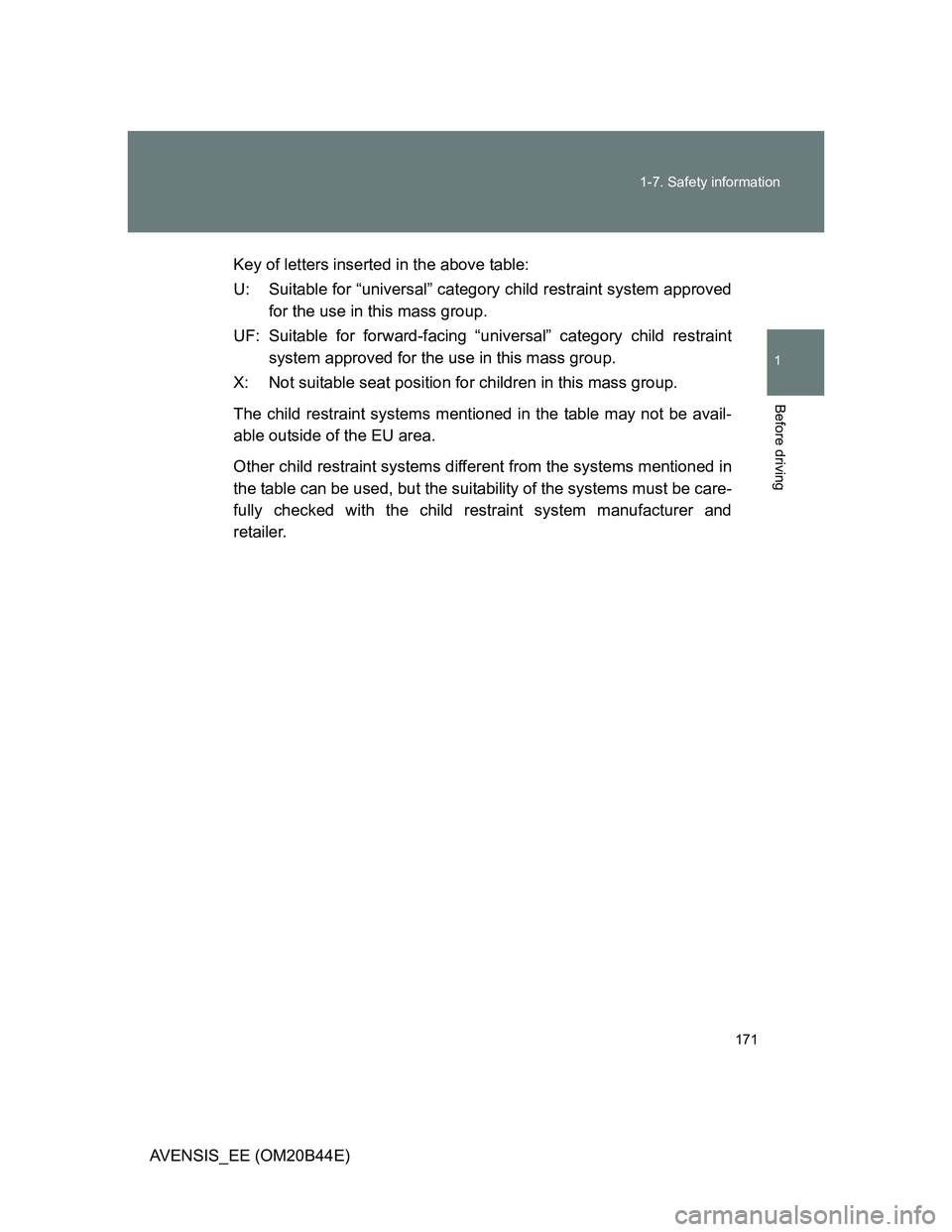TOYOTA AVENSIS 2012 Owners Manual 171 1-7. Safety information
1
Before driving
AVENSIS_EE (OM20B44E)Key of letters inserted in the above table:
U: Suitable for “universal” category child restraint system approved
for the use in th TOYOTA AVENSIS 2012 Owners Manual 171 1-7. Safety information
1
Before driving
AVENSIS_EE (OM20B44E)Key of letters inserted in the above table:
U: Suitable for “universal” category child restraint system approved
for the use in th