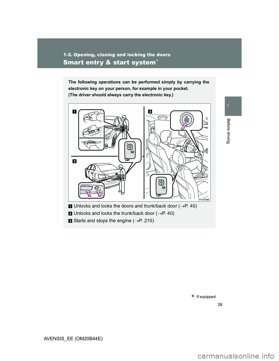TOYOTA AVENSIS 2011 Owners Manual 39
1
Before driving
AVENSIS_EE (OM20B44E)
1-2. Opening, closing and locking the doors
Smart entr y & start system
: If equipped
The following operations can be performed simply by carrying the
e TOYOTA AVENSIS 2011 Owners Manual 39
1
Before driving
AVENSIS_EE (OM20B44E)
1-2. Opening, closing and locking the doors
Smart entr y & start system
: If equipped
The following operations can be performed simply by carrying the
e