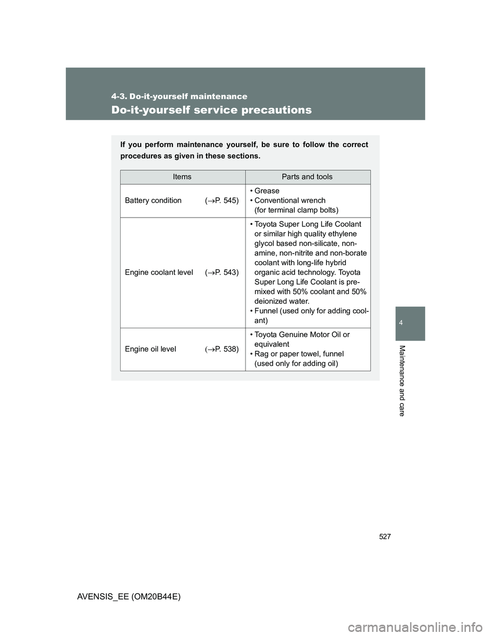 TOYOTA AVENSIS 2012  Owners Manual 527
4
Maintenance and care
AVENSIS_EE (OM20B44E)
4-3. Do-it-yourself maintenance
Do-it-yourself ser vice precautions
If you perform maintenance yourself, be sure to follow the correct
procedures as gi