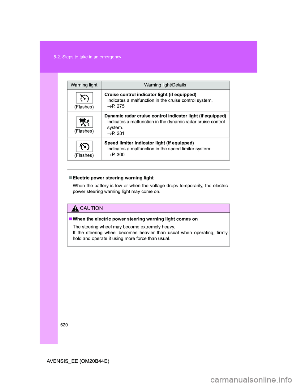 TOYOTA AVENSIS 2012 Owners Manual 620 5-2. Steps to take in an emergency
AVENSIS_EE (OM20B44E)
(Flashes)Cruise control indicator light (if equipped)
Indicates a malfunction in the cruise control system.
P. 275
(Flashes)Dynamic rada TOYOTA AVENSIS 2012 Owners Manual 620 5-2. Steps to take in an emergency
AVENSIS_EE (OM20B44E)
(Flashes)Cruise control indicator light (if equipped)
Indicates a malfunction in the cruise control system.
P. 275
(Flashes)Dynamic rada