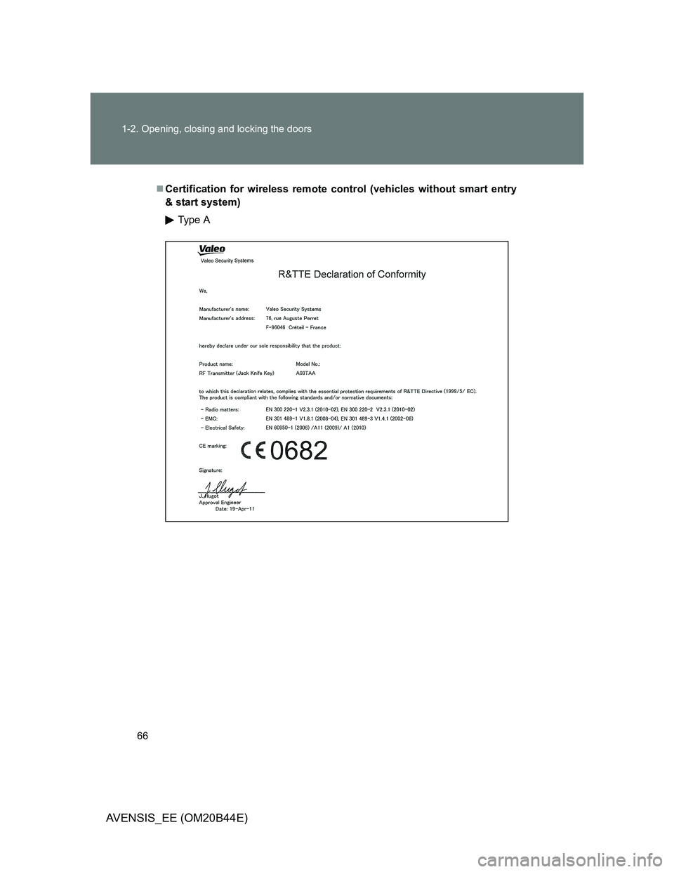 TOYOTA AVENSIS 2012 Repair Manual 66 1-2. Opening, closing and locking the doors
AVENSIS_EE (OM20B44E)
Certification for wireless remote control (vehicles without smart entry
& start system)
Type A 
