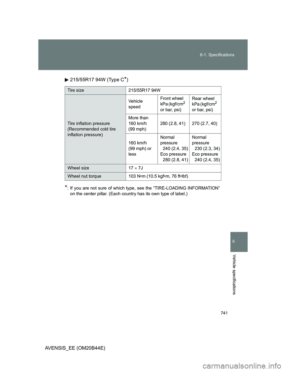 TOYOTA AVENSIS 2012 Owners Manual 741 6-1. Specifications
6
Vehicle specifications
AVENSIS_EE (OM20B44E)215/55R17 94W (Type C
*)
*: If you are not sure of which type, see the “TIRE-LOADING INFORMATION”
on the center pillar. (Each TOYOTA AVENSIS 2012 Owners Manual 741 6-1. Specifications
6
Vehicle specifications
AVENSIS_EE (OM20B44E)215/55R17 94W (Type C
*)
*: If you are not sure of which type, see the “TIRE-LOADING INFORMATION”
on the center pillar. (Each