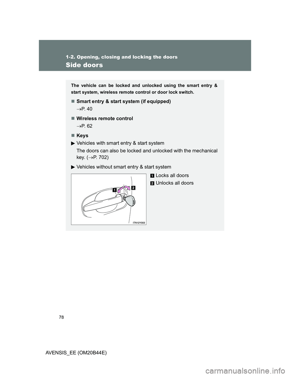 TOYOTA AVENSIS 2012 Manual PDF 78
1-2. Opening, closing and locking the doors
AVENSIS_EE (OM20B44E)
Side doors
The vehicle can be locked and unlocked using the smart entry &
start system, wireless remote control or door lock switch