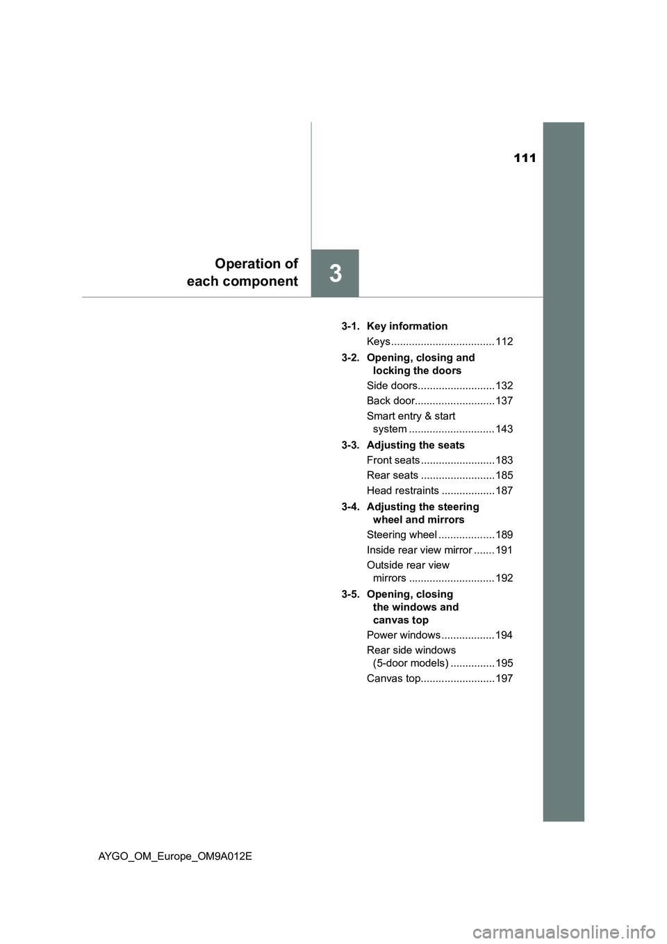TOYOTA AYGO 2021 Owners Manual 111
3
Operation of
each component
AYGO_OM_Europe_OM9A012E3-1. Key information
Keys ................................... 112
3-2. Opening, closing and
locking the doors
Side doors...................... TOYOTA AYGO 2021 Owners Manual 111
3
Operation of
each component
AYGO_OM_Europe_OM9A012E3-1. Key information
Keys ................................... 112
3-2. Opening, closing and
locking the doors
Side doors......................