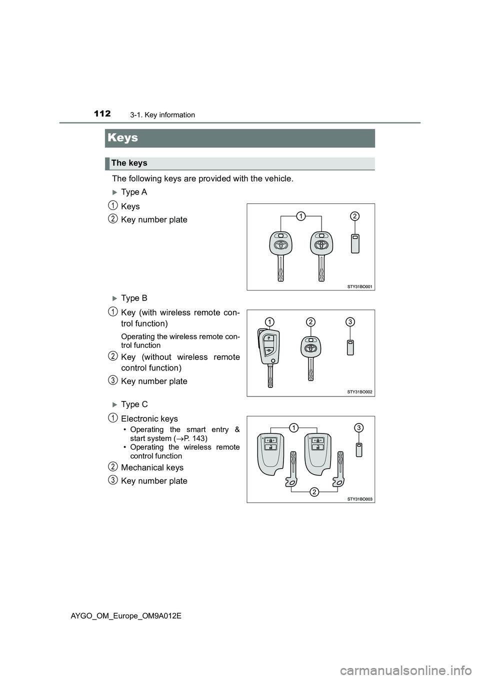TOYOTA AYGO 2021 Owners Manual 1123-1. Key information
AYGO_OM_Europe_OM9A012E
Keys
The following keys are provided with the vehicle.
Ty pe A
Keys
Key number plate
Ty pe B
Key (with wireless remote con-
trol function)
Opera TOYOTA AYGO 2021 Owners Manual 1123-1. Key information
AYGO_OM_Europe_OM9A012E
Keys
The following keys are provided with the vehicle.
Ty pe A
Keys
Key number plate
Ty pe B
Key (with wireless remote con-
trol function)
Opera