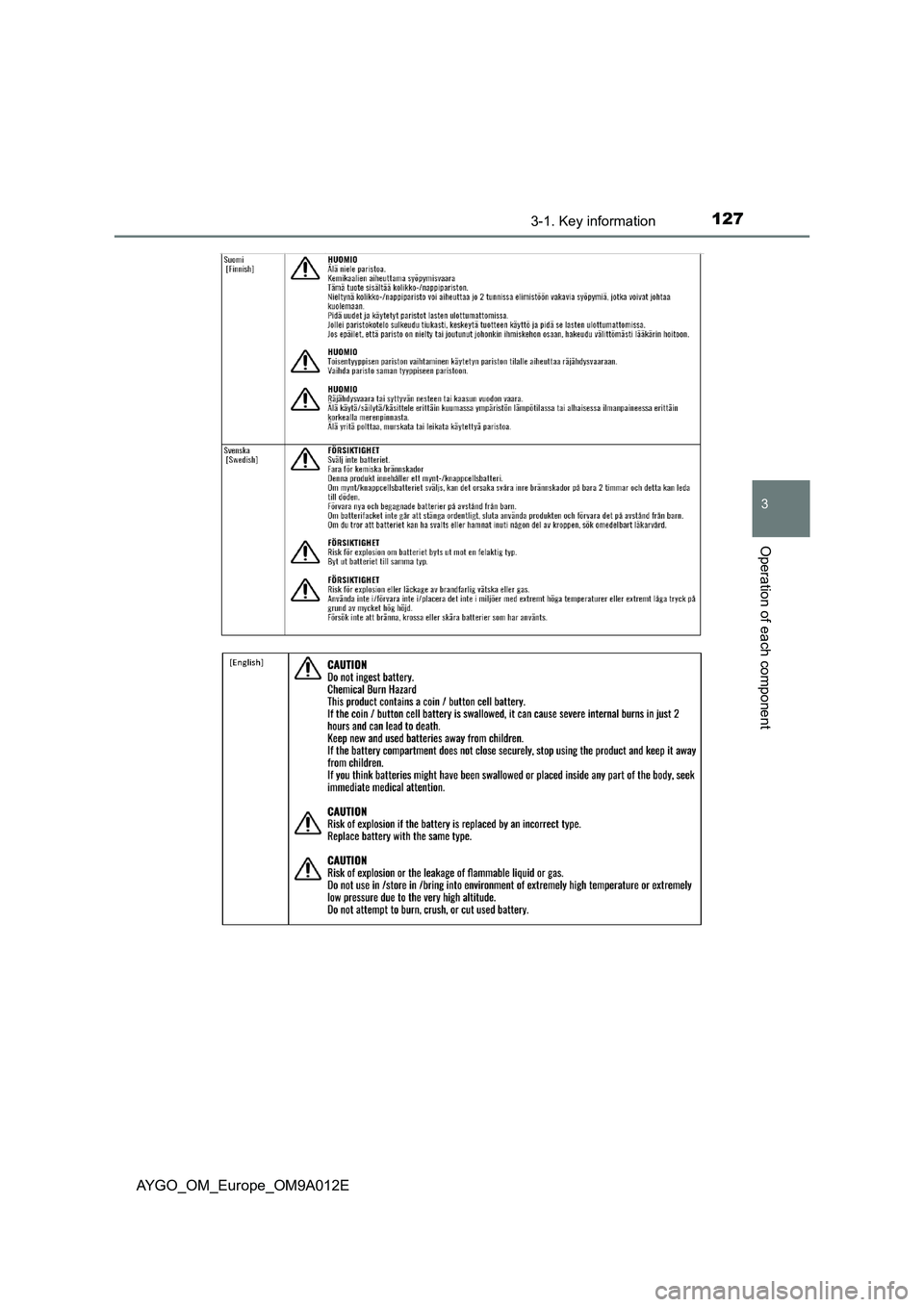 TOYOTA AYGO 2021  Owners Manual 1273-1. Key information
3
Operation of each component
AYGO_OM_Europe_OM9A012E 