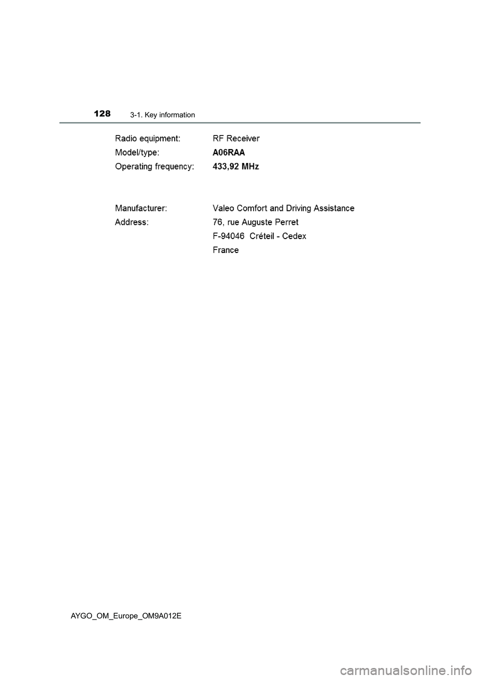 TOYOTA AYGO 2021  Owners Manual 1283-1. Key information
AYGO_OM_Europe_OM9A012E 