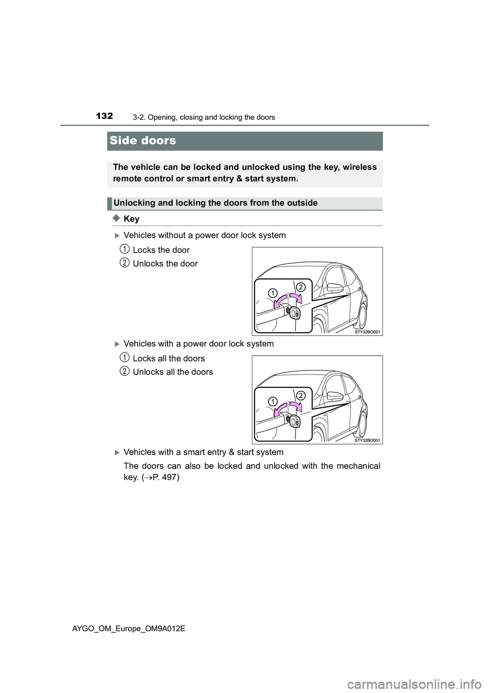 TOYOTA AYGO 2021 Owners Manual 1323-2. Opening, closing and locking the doors
AYGO_OM_Europe_OM9A012E
Side doors
◆Key
Vehicles without a power door lock system
Locks the door
Unlocks the door
Vehicles with a power door lock TOYOTA AYGO 2021 Owners Manual 1323-2. Opening, closing and locking the doors
AYGO_OM_Europe_OM9A012E
Side doors
◆Key
Vehicles without a power door lock system
Locks the door
Unlocks the door
Vehicles with a power door lock