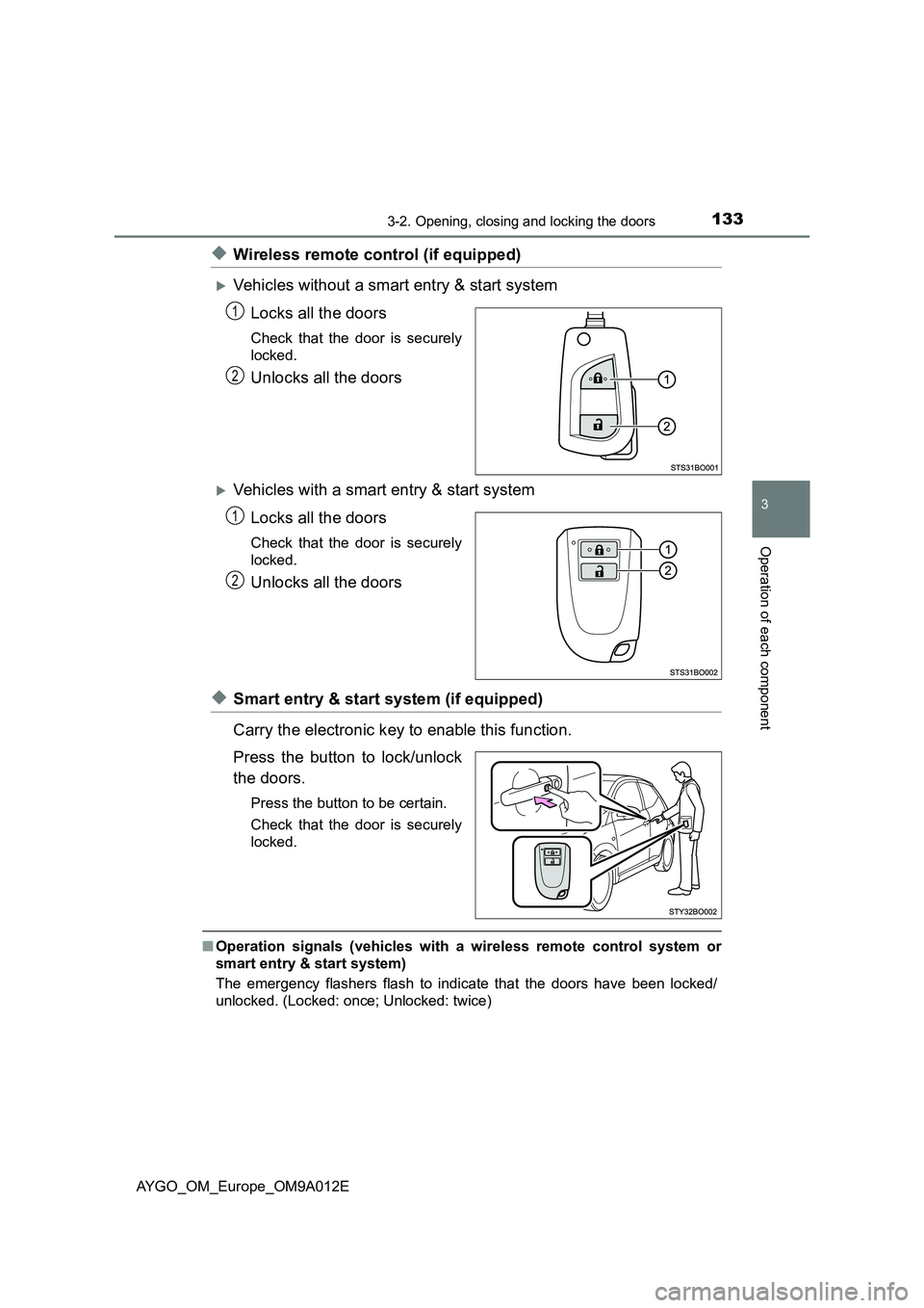 TOYOTA AYGO 2021 Owners Manual 1333-2. Opening, closing and locking the doors
3
Operation of each component
AYGO_OM_Europe_OM9A012E
◆Wireless remote control (if equipped)
Vehicles without a smart entry & start system
Locks all TOYOTA AYGO 2021 Owners Manual 1333-2. Opening, closing and locking the doors
3
Operation of each component
AYGO_OM_Europe_OM9A012E
◆Wireless remote control (if equipped)
Vehicles without a smart entry & start system
Locks all